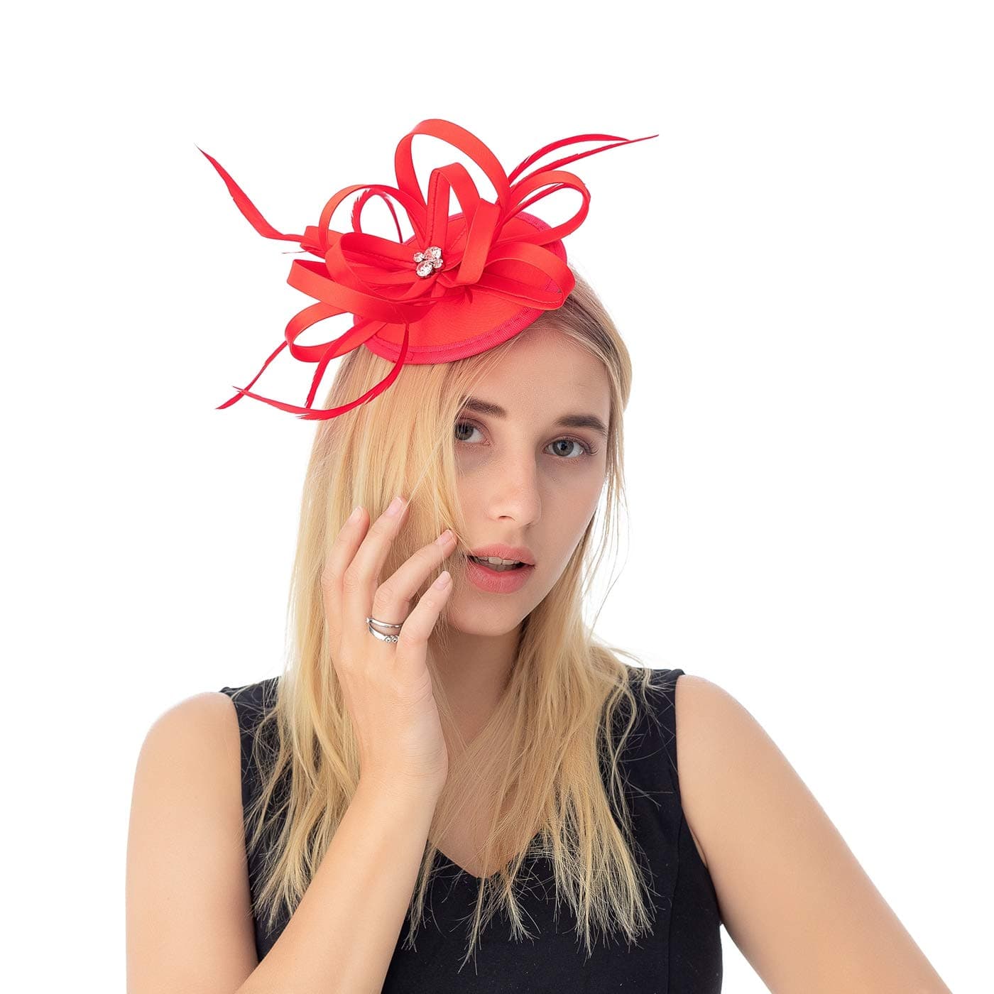 FELIZHOUSE Satin Feather Fascinator Hats Headband for Women, Wedding Cocktail Tea Party Royal Ascot Church Head Piece, Costume Hair Clip Accessories (#5 Red with Zircon)