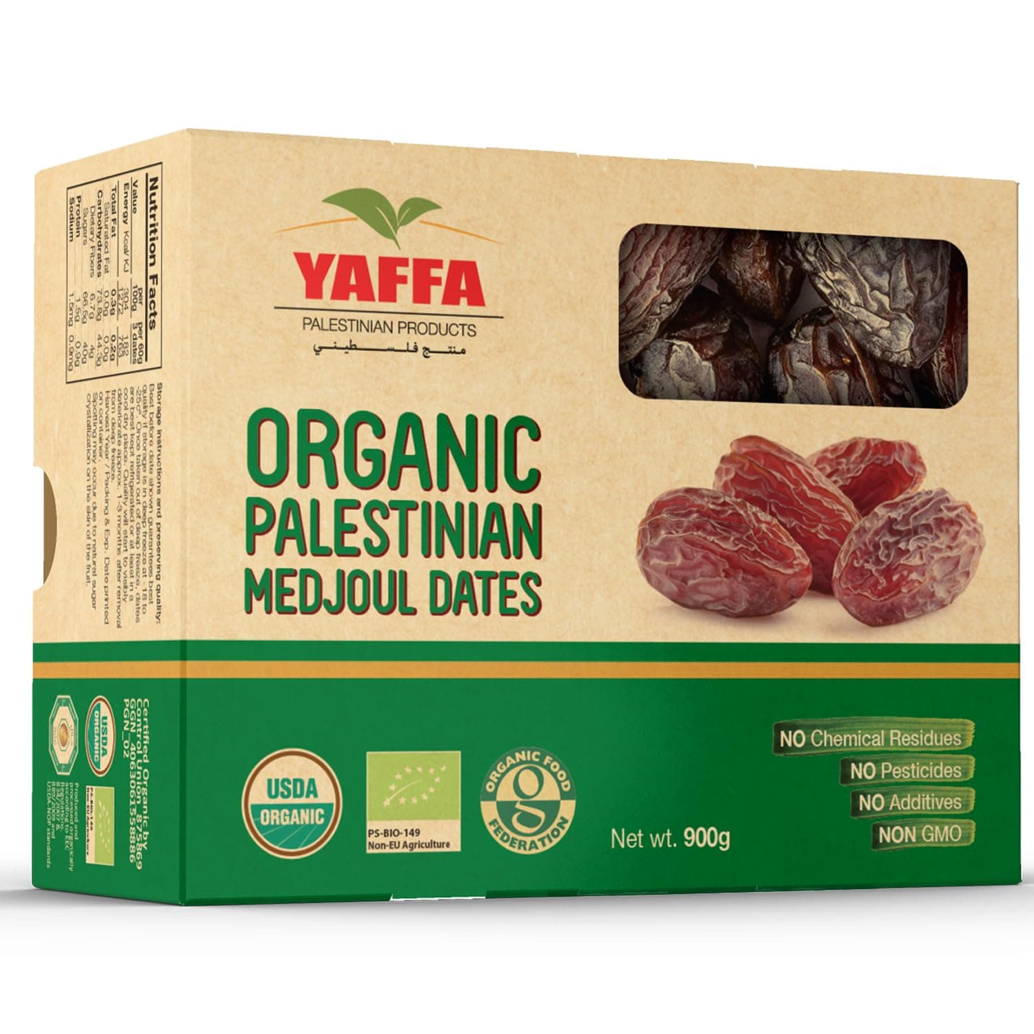 Yaffa Organic Medjool Dates (Box of 900g) - All Natural, No Added Sugar, Free from Additives, Sustainably Grown and Hand-Picked Dried Fruit Palestinian Dates