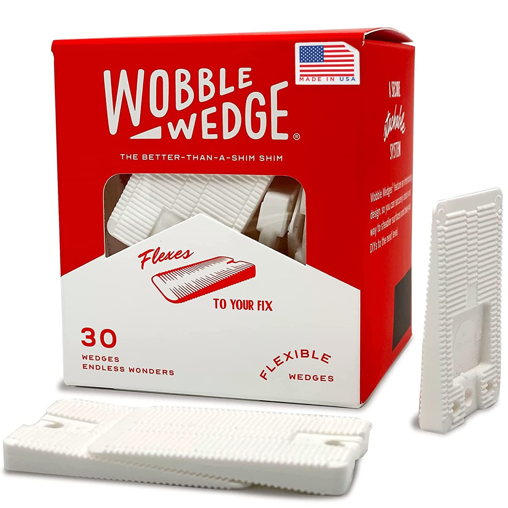 The Original Wobble Wedge Flexible Plastic Shims, Multi-Purpose Leveling Shim for Home Improvement, Furniture & Toilet Leveler, White Plastic Wedges for Tables, Wood Floors & Tile, Made in USA, 30Pack