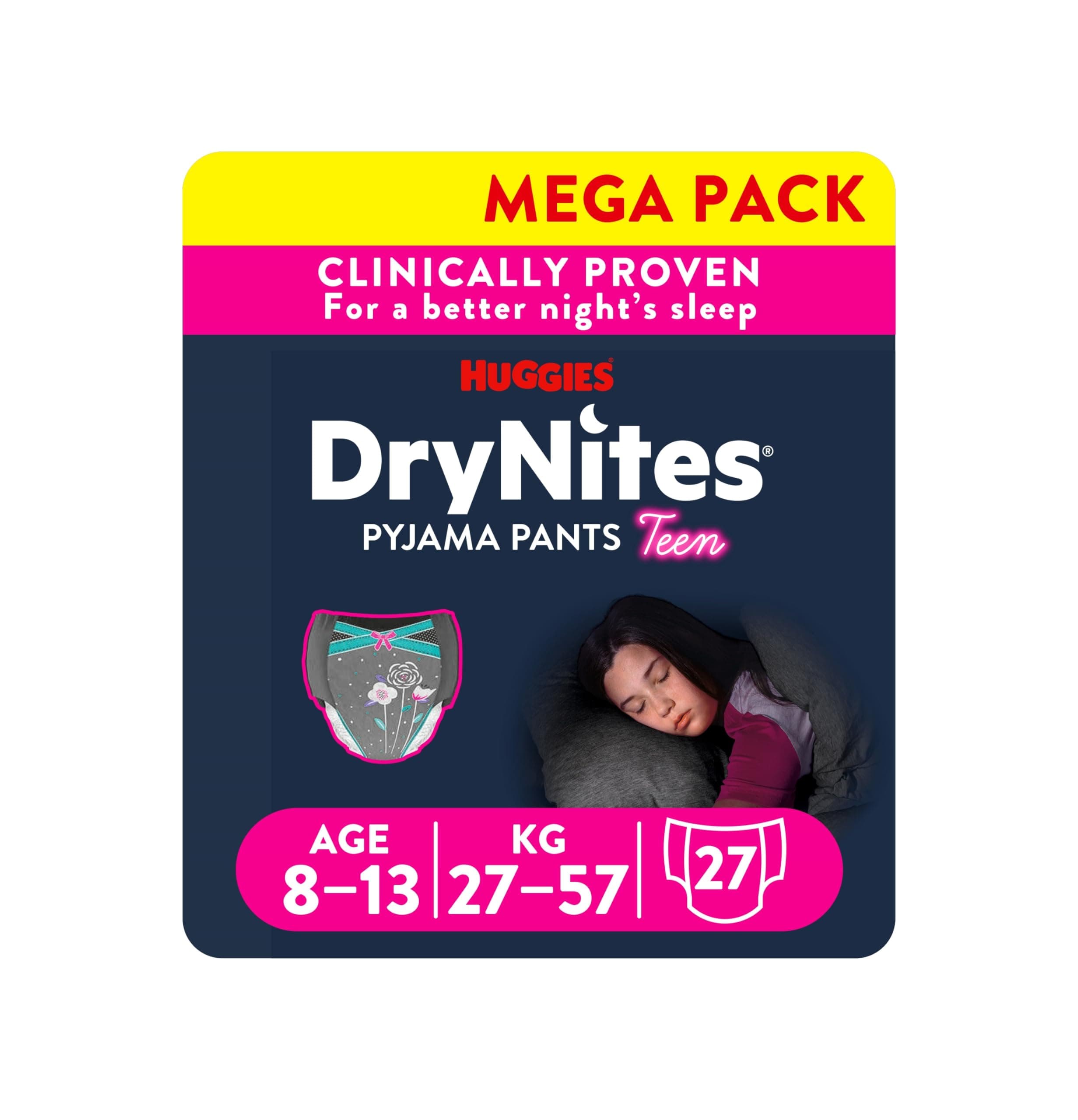 DryNites Bedwetting Pyjama Nappy Pants, Girl Age 8-13 (30-48 kg) - 3 packs of 9 pants - 27 pants total
