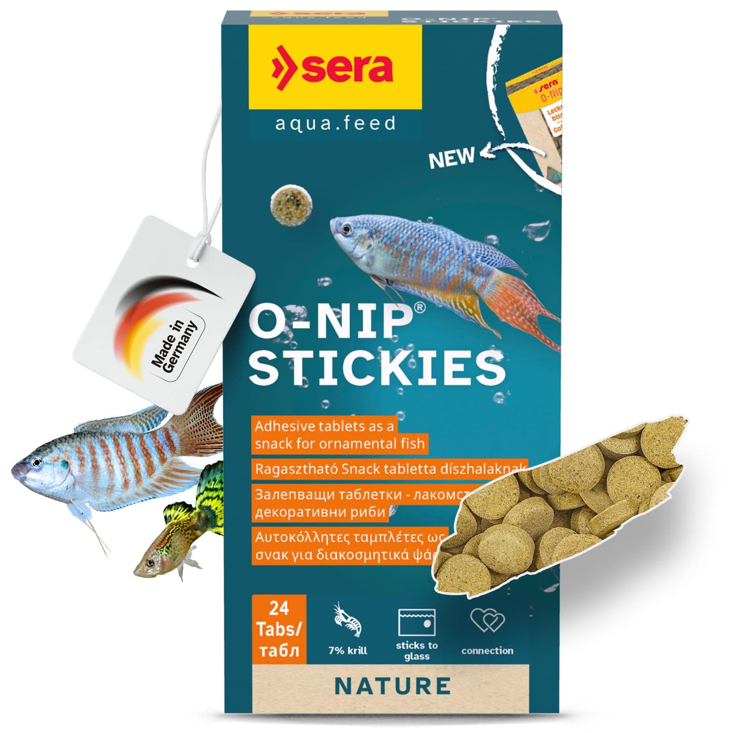 Sera O-Nip Nature 24 Tabs 0.59 oz | Complete Feed for All Ornamental Fish | Adhesive Tablets Stick to The Aquarium Glass | High Protein | No Dyes & Preservatives | with Bloodworms, Krill & Tubifex