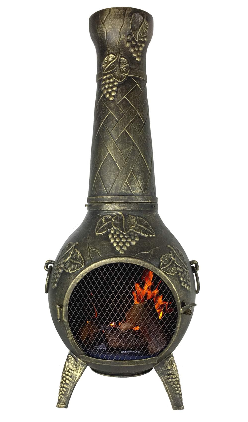 The Blue Rooster Grape Cast Aluminum Chiminea with Gas and a 10' Hose in Gold Accent. Includes a Free Year Round Cover