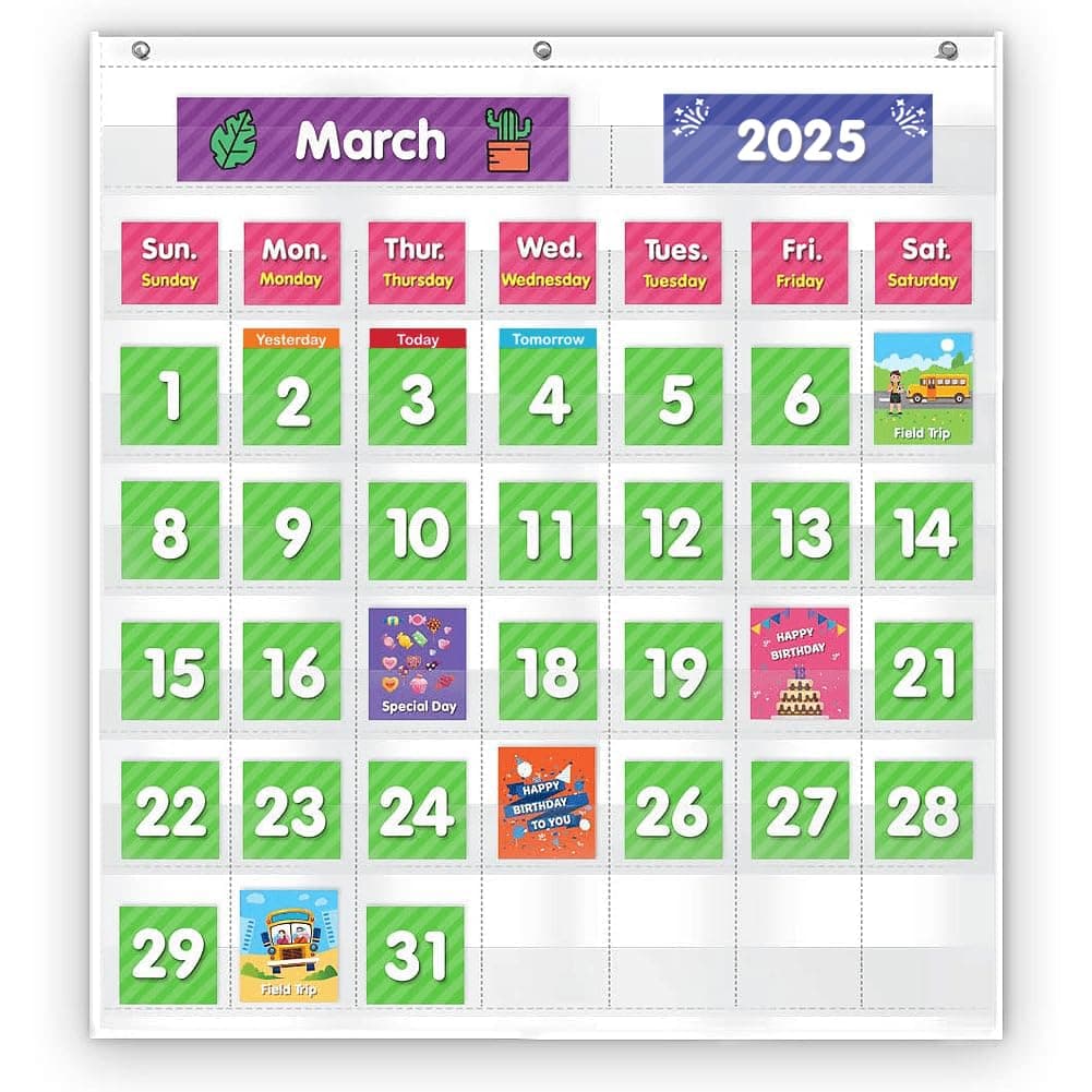 Eamay Classroom Monthly Calendar Pocket Chart with 71 Cards for Kids Learning for Home,White