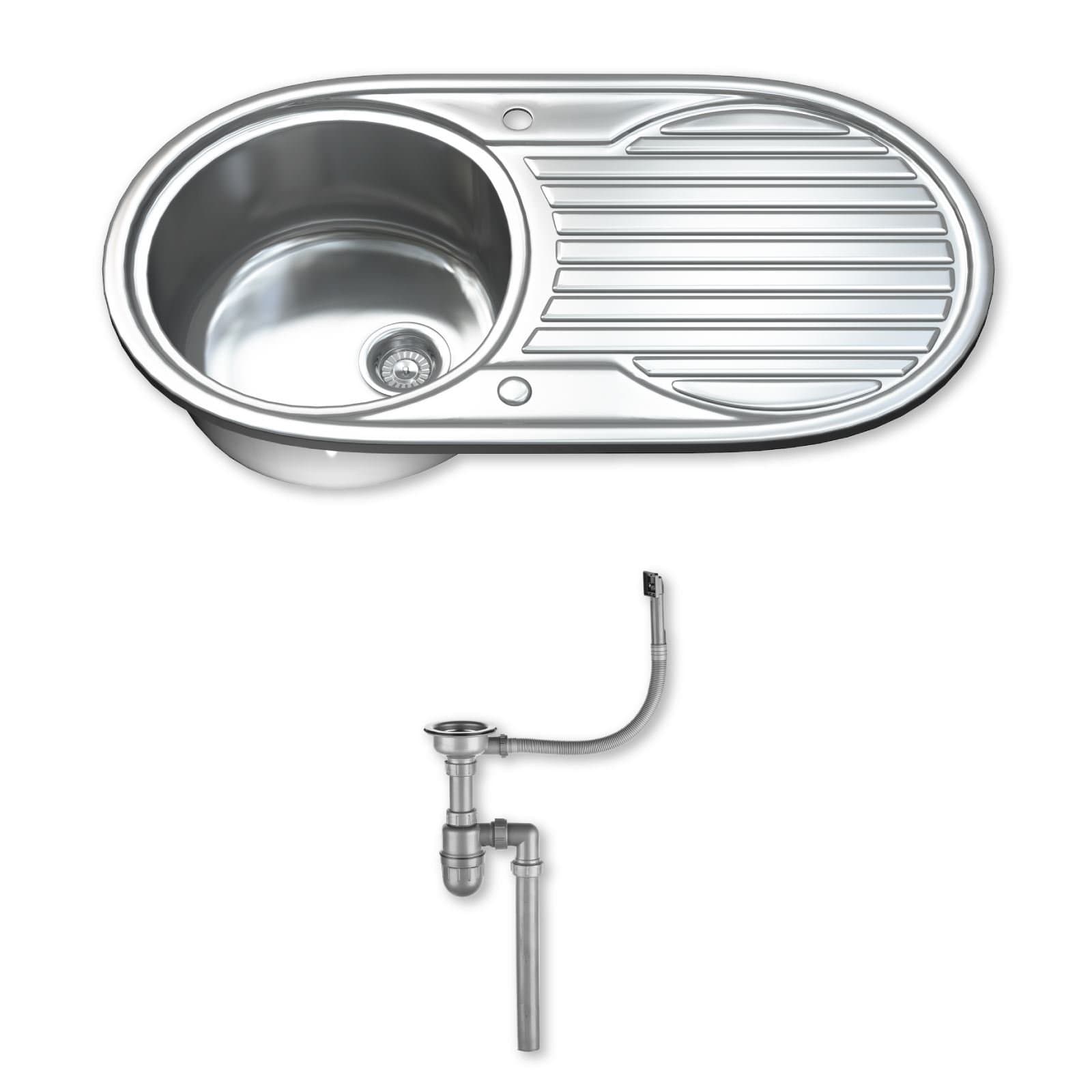 1061 Kitchen Sink with Drainer, Single Bowl 1.0, Oval, 304 Stainless Steel, Silver, 90 x 47 cm, Inset, Includes Full Waste Kit and fixings