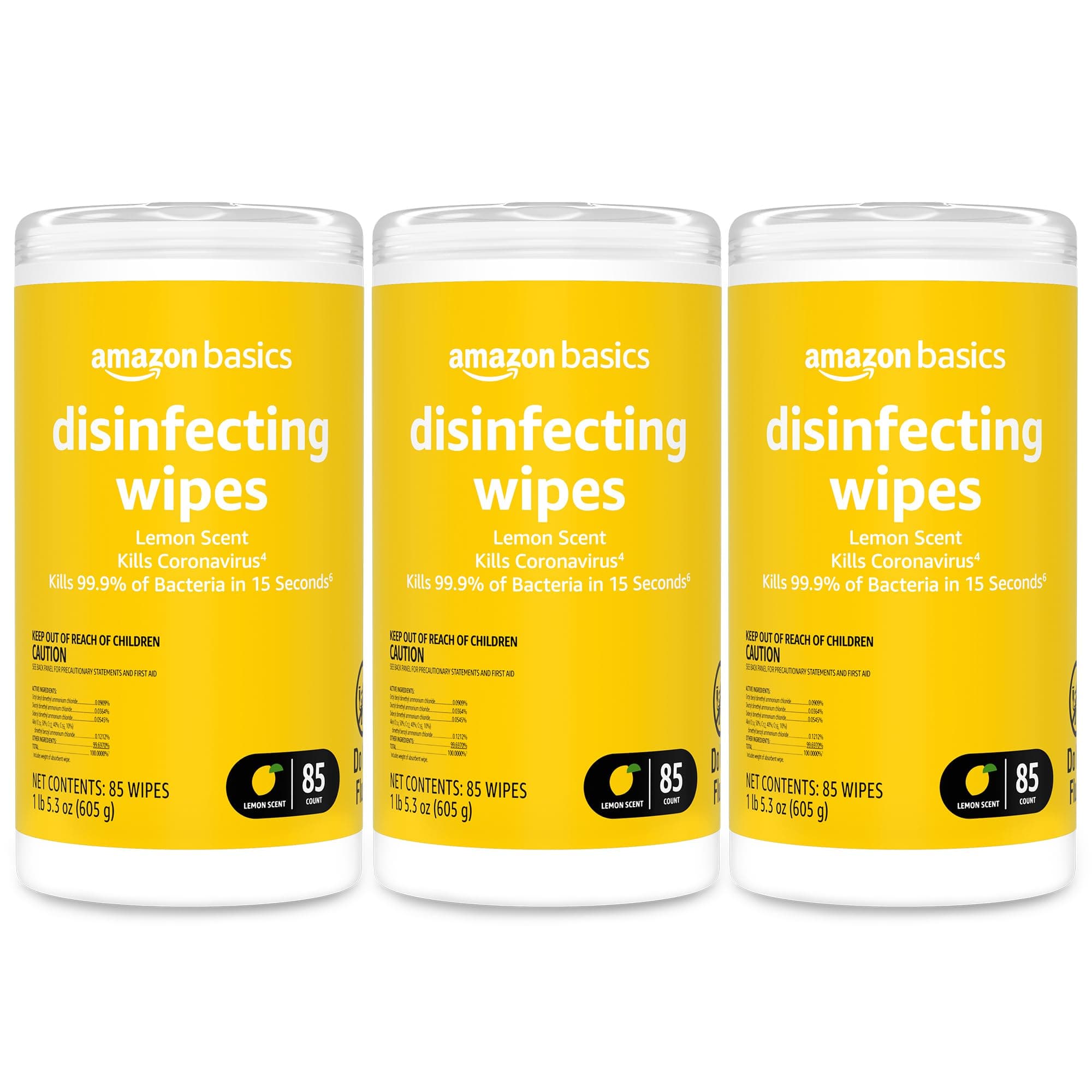 Amazon Basics Disinfecting Wipes, Lemon Scent, Sanitizes/Cleans/Disinfects/Deodorizes, 255 Count (3 Packs of 85)