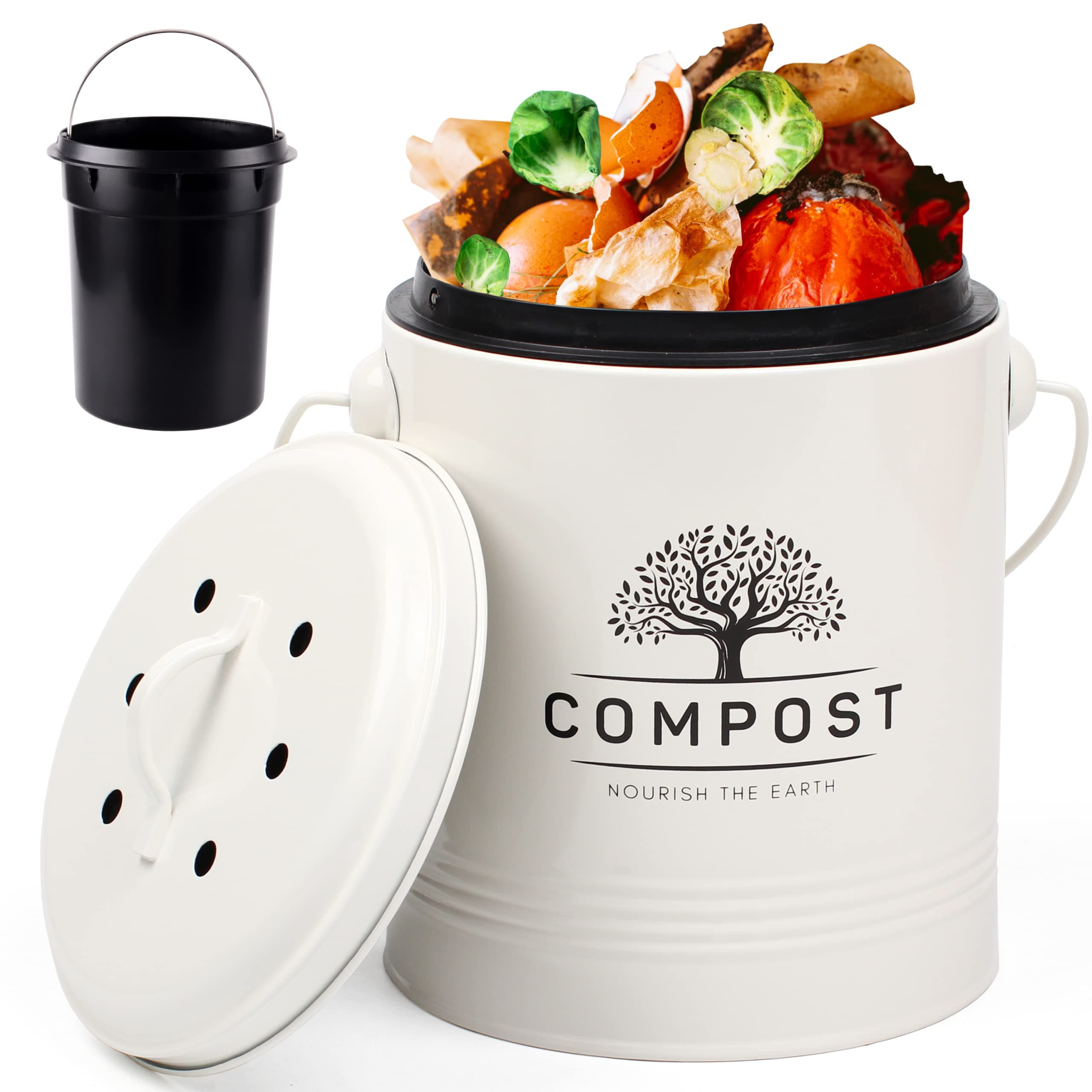 Kitchen Compost Bin, 1.3 Gallon Countertop Compost Bin with Lid, Indoor Compost Bucket Includes Inner Bucket Liner and Carbon Filter, Small Compost Bin (Without Bags, Cream)