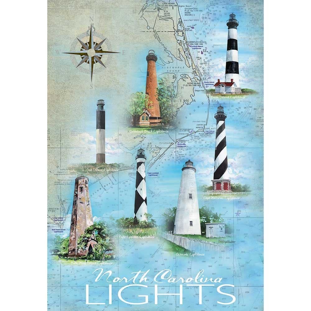 Cutadornsly North Carolina Lights Map and Iconic Lighthouses 18 x 13 Rectangular Screenprint Small Garden Flag