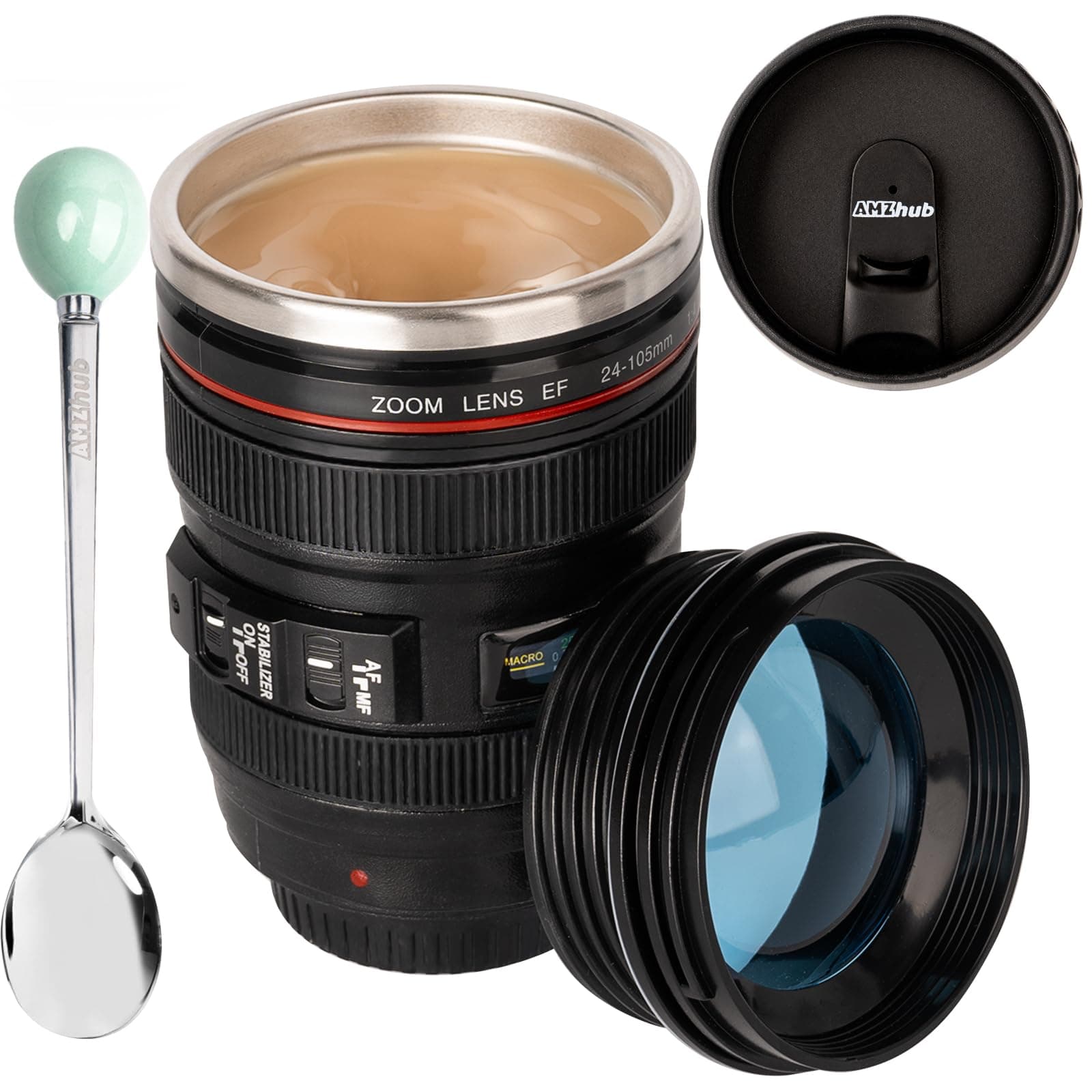 Camera Lens Coffee Mug,Travel Coffee Cup,Stainless Steel Lens Mug Thermos Camera Mugs with Lid and Spoon,Cool Gifts for Photographers Men and Women