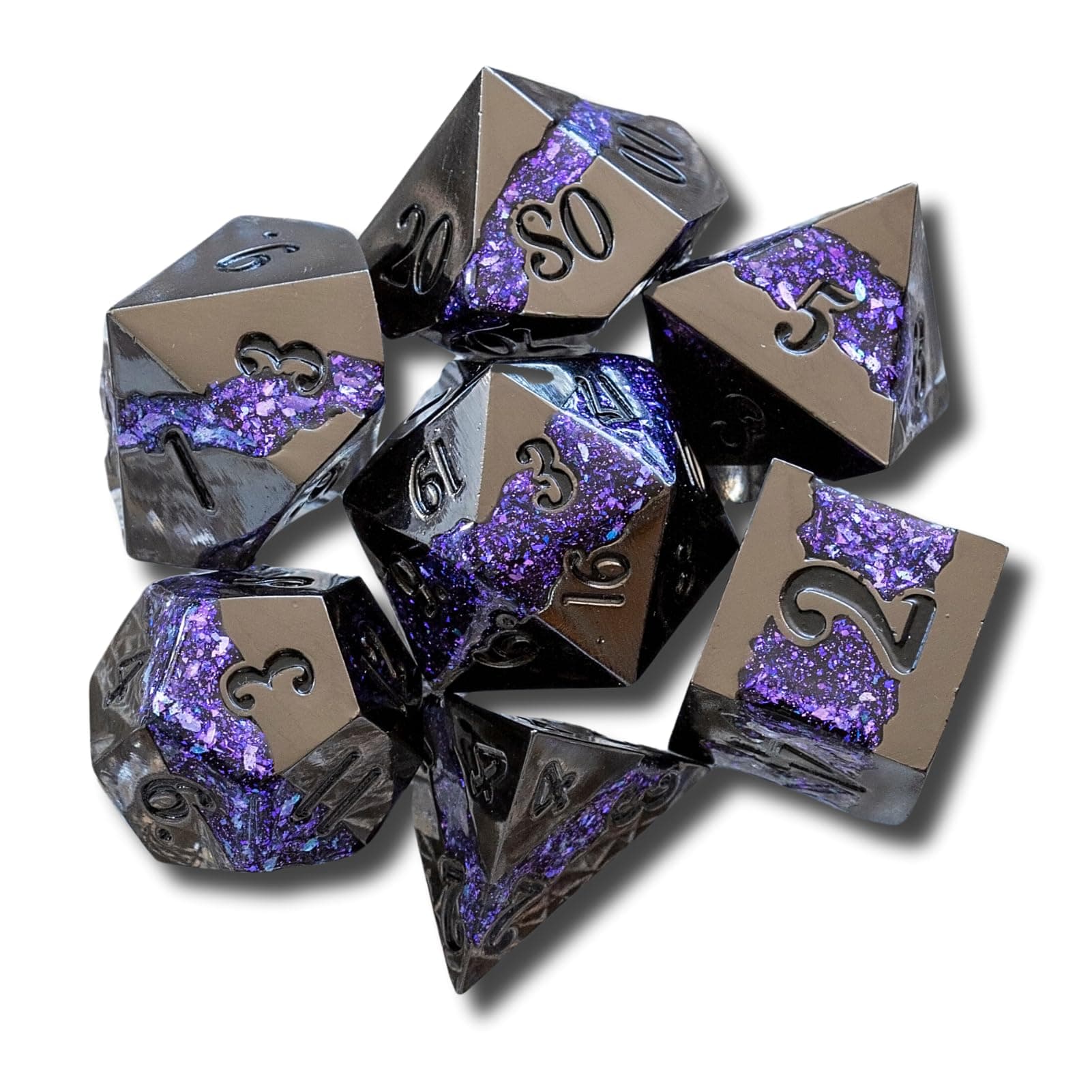 Metal Riftstone DND Dice 7-PC Polyhedral Dice Set for DND TTRPG Dungeons and Dragons Pathfinder Oversized Designer Dice (Gloss Black/Purple)