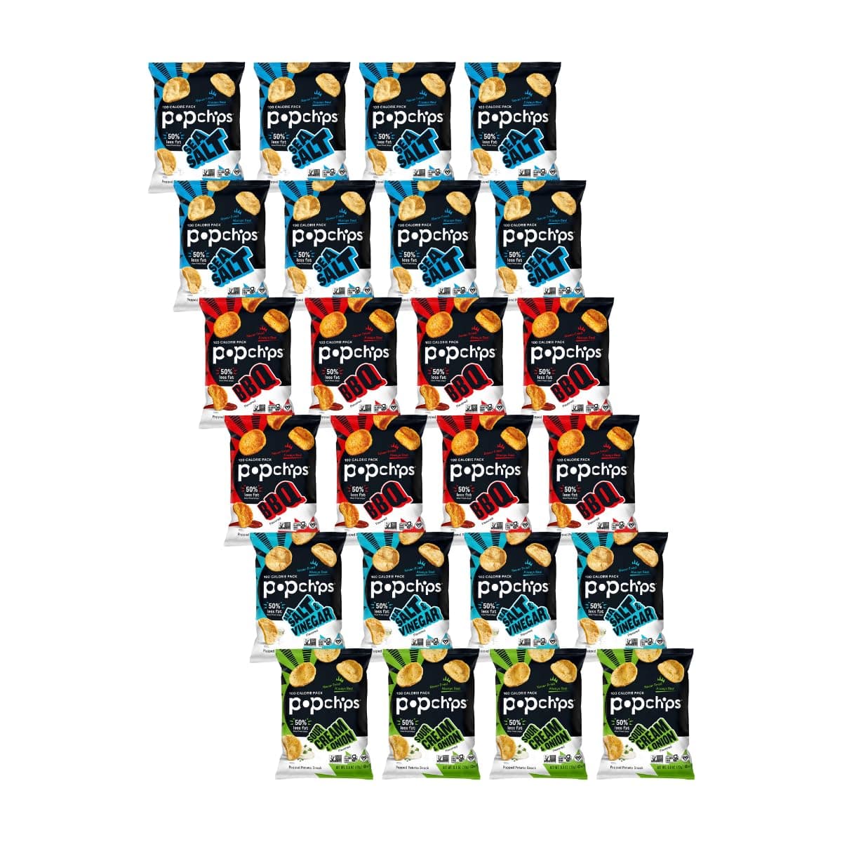 Popchips Potato Chips Variety Pack, Single Serve 0.8 Ounce Bags (Pack of 24), 4 Flavors: 8 Sea Salt, 8 BBQ, 4 Sour Cream & Onion, 4 Salt & Vinegar