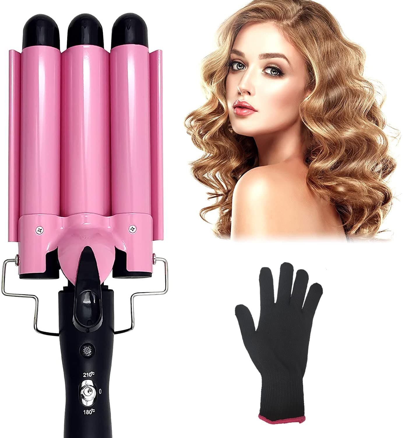 3 Barrel Curling Iron 25mm, 1-Inch Crimper Hair Iron Temperature Adjustable, Hair Crimper Ceramic Tourmaline Fast Heating Curling Wand with Heat Resistant Glove(Pink)