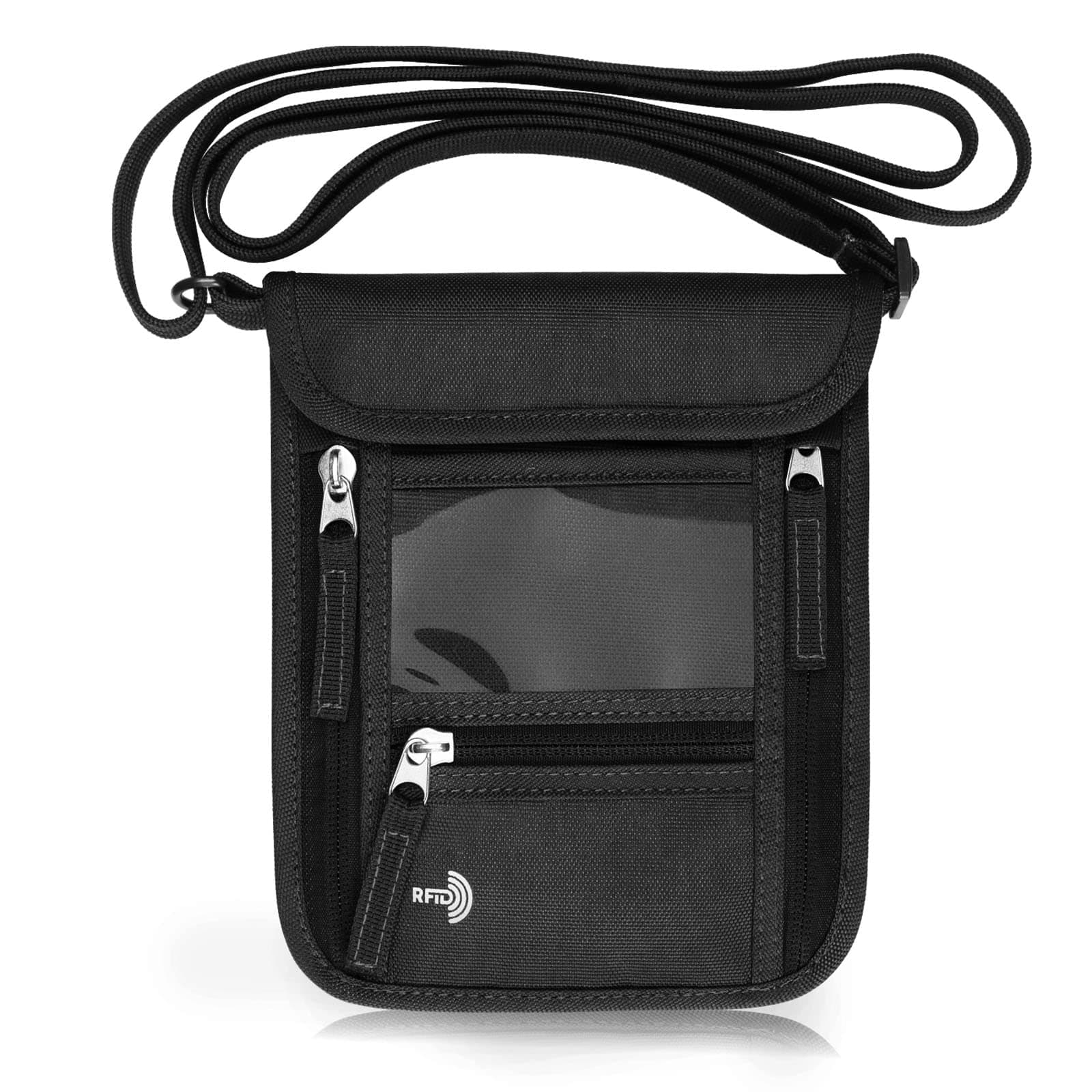 Passport Holder Neck Pouch Travel Wallet for Women and Men, RFID Blocking Security Slim Traveling Wallet with Around Neck Lanyard Strap