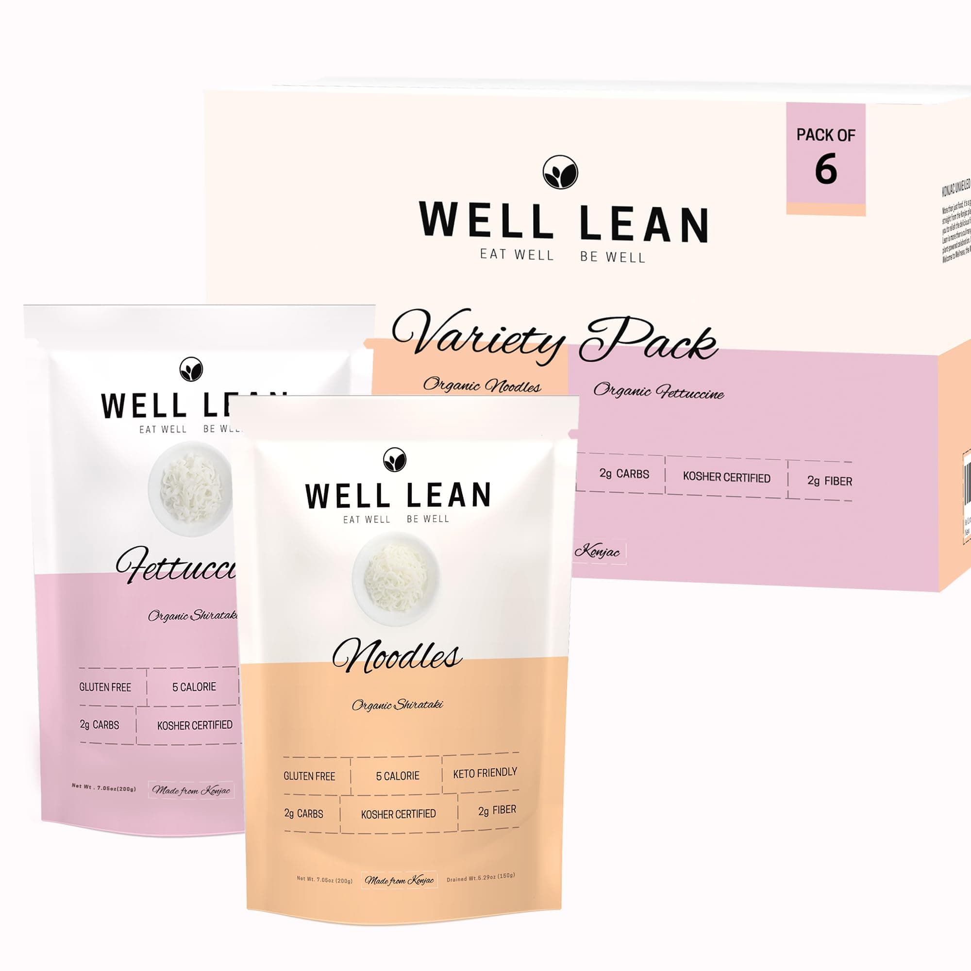 Well Lean Organic Variety Pack - Premium Shirataki Konjac Pasta - USDA Organic, 100% Plant Based, Keto Friendly, Zero Net Carb, Non-GMO, Ready to Eat, Low Calorie, Gluten Free, Vegan, Diet, 6 Pack