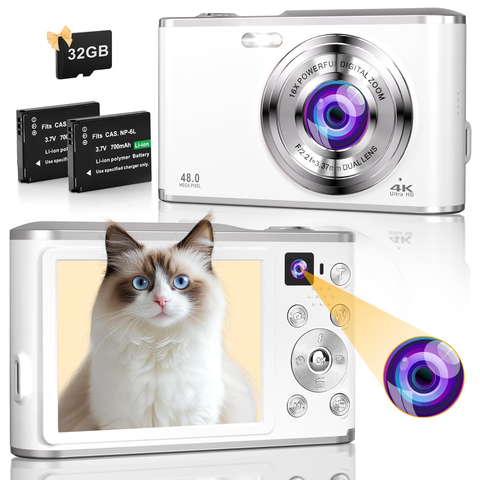 TEBNGIHNM 4K Digital Camera, 48MP Autofocus Compact Kids Camera with Dual Camera, 16X Digital Zoom Point and Shoot Cameras with 32GB Card & 2 Batteries Vlogging Camera Gift for Teen Beginners - White