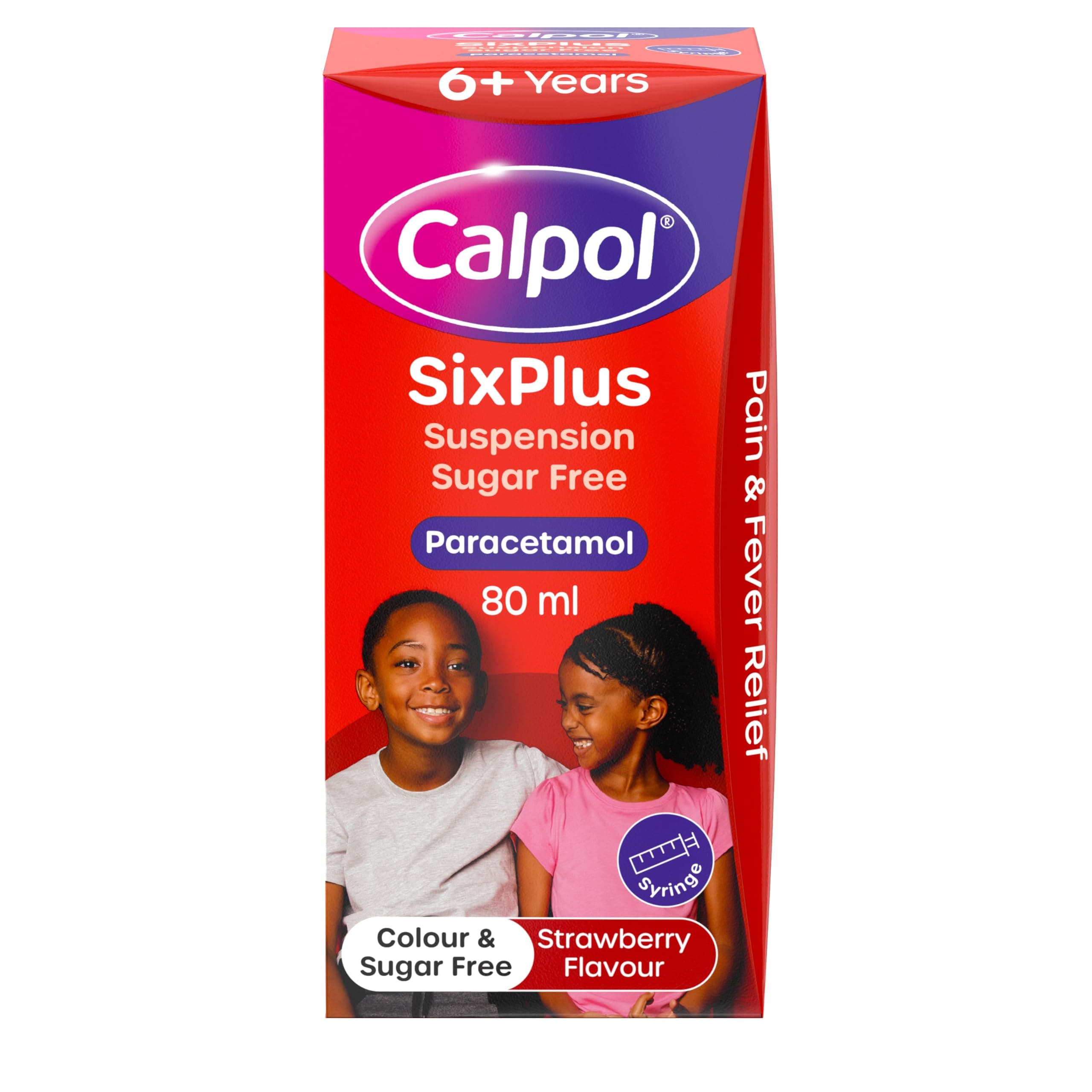 Calpol SixPlus Oral Suspension Paracetamol (1 x 80ml), Sugar-Free Strawberry Flavour Calpol 6 Plus with Paracetamol for Fever & Pain Relief, Suitable for Kids from 6 Years