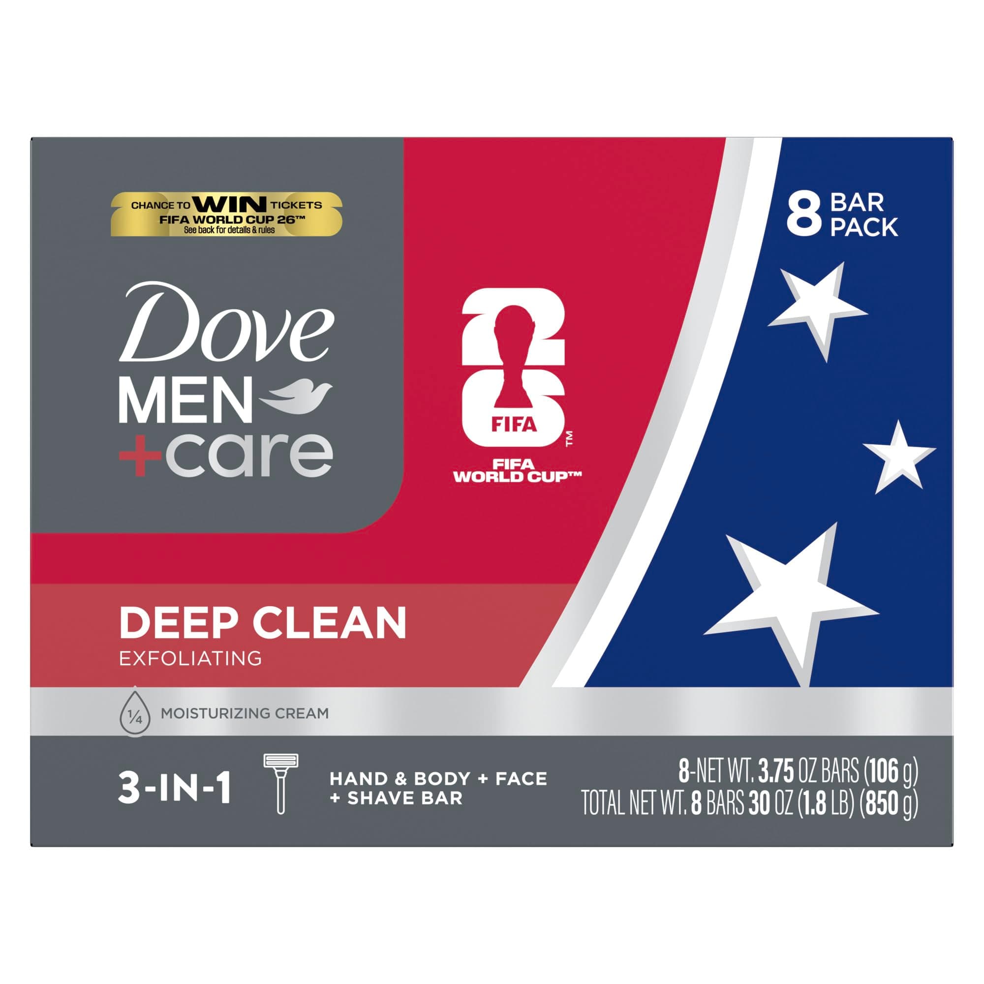 Dove Men + Care Body And Face Bar, Deep Clean, 4 Ounce, 8 Count