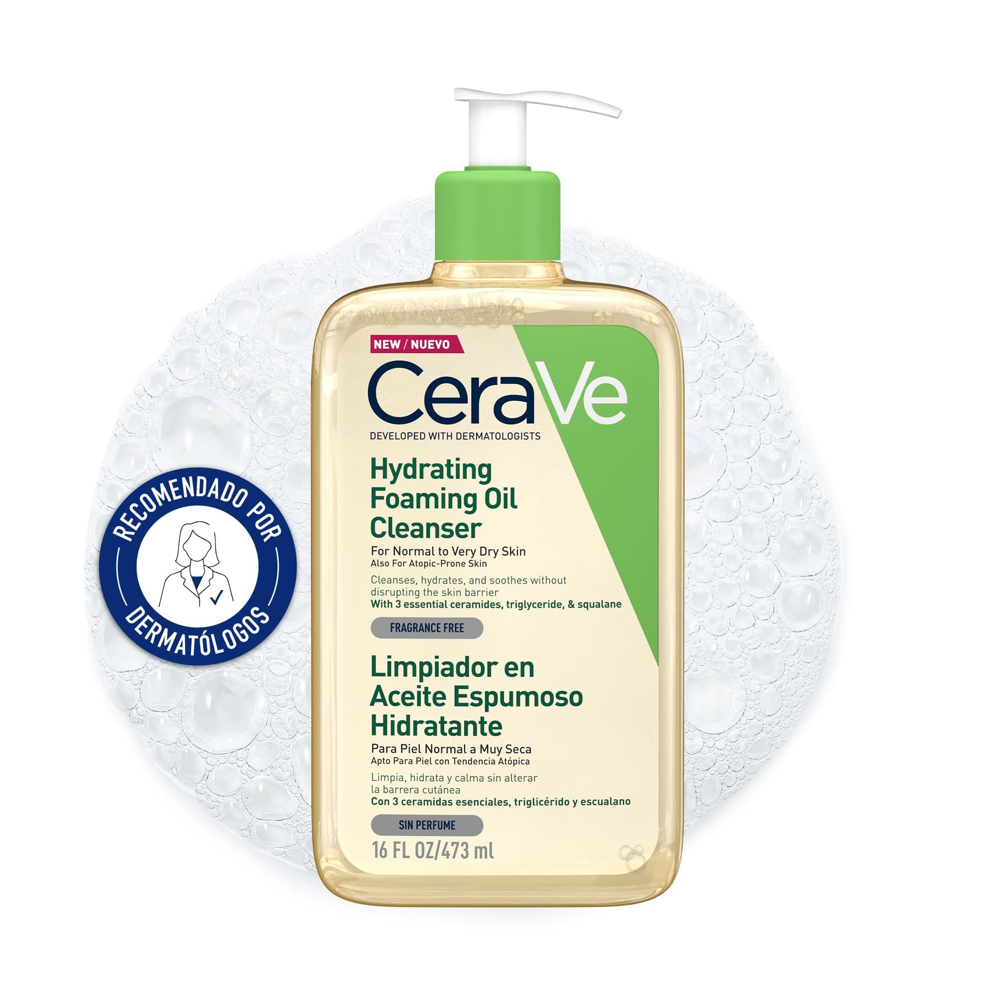 CeraVe Hydrating Foaming Oil Cleanser 473ml for Normal to Very Dry Skin with Squalane, Triglyceride and 3 Essential Ceramides. For Face and Body