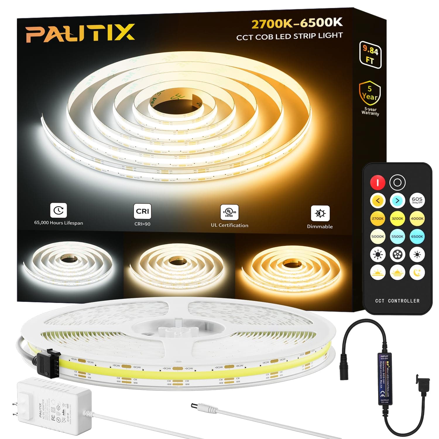PAUTIX COB LED Strip Light White CCT Tunable 1920LEDs Super Bright,9.84ft Dimmable 2700K-6500K 24V LED Tape Light with UL-Listed Power Supply,for Under Cabinet Bedroom Kitchen TV Mirror DIY Lighting