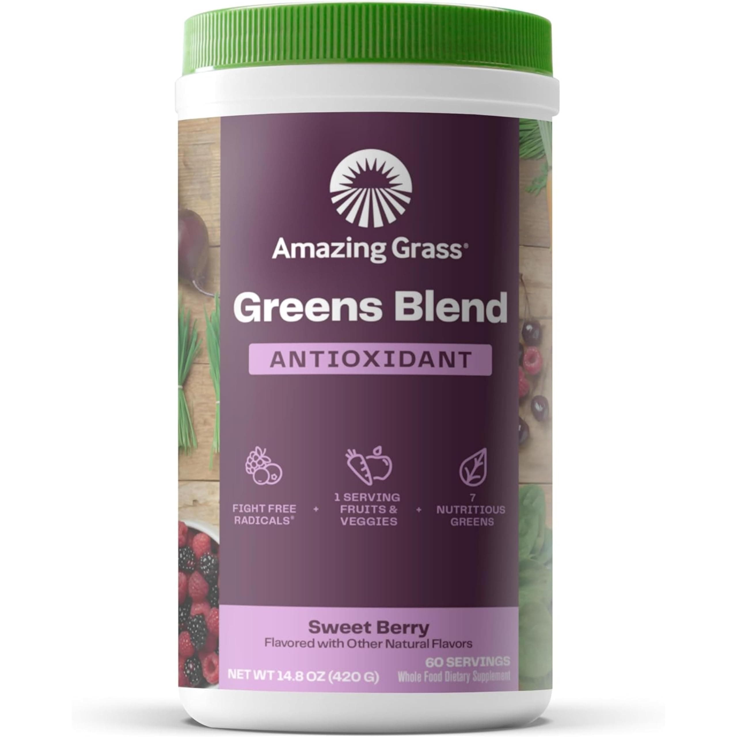 Greens Superfood Antioxidant: Greens Powder with Organic Spirulina, Beet Root Powder, Elderberry & Probiotics, Sweet Berry, 60 Servings (Packaging May Vary)