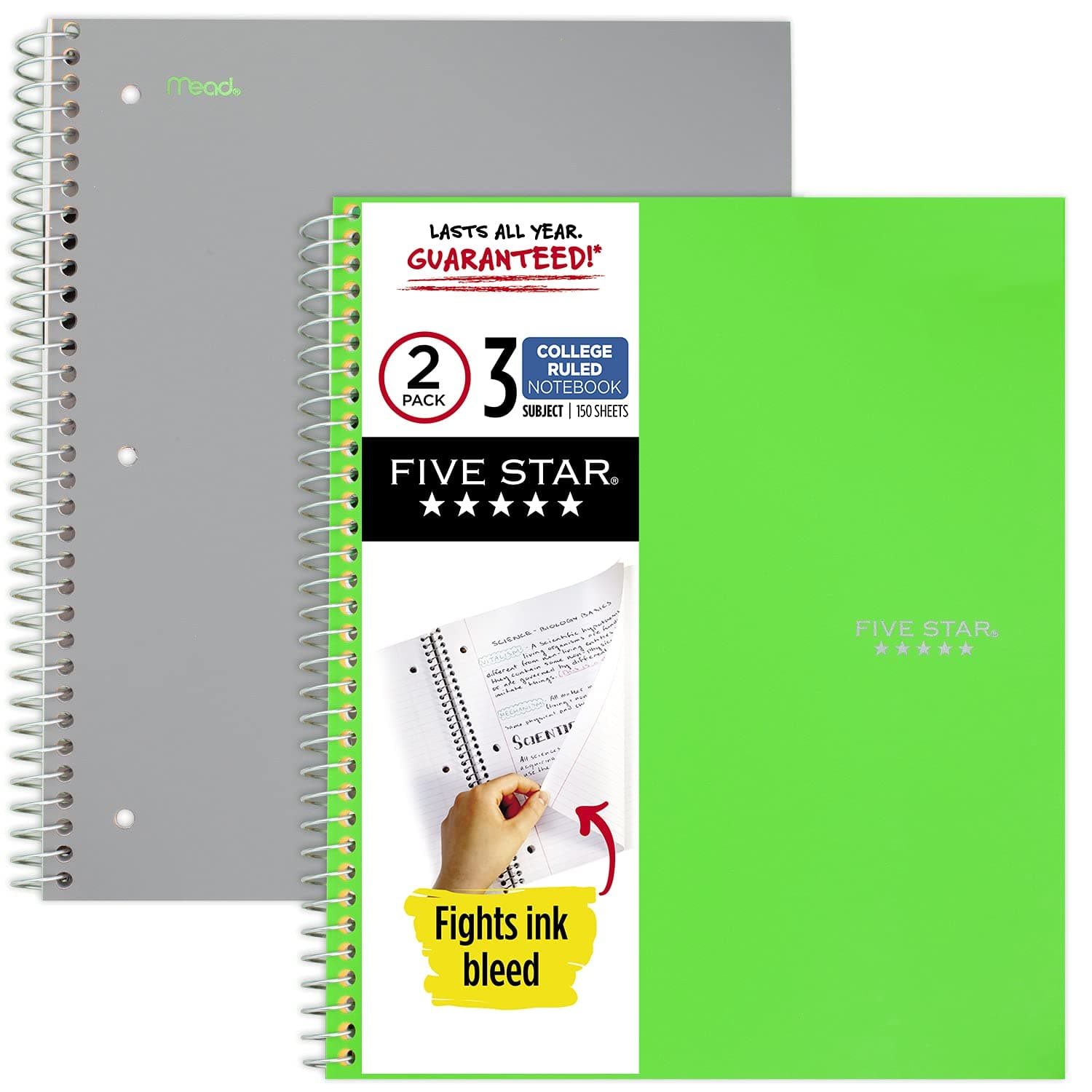 FIVE STAR Spiral Notebooks, 3 Subject, College Ruled Paper, 150 Sheets, 27.9 cm x 21.6 cm, Gray, Lime, 2 Pack (38819)