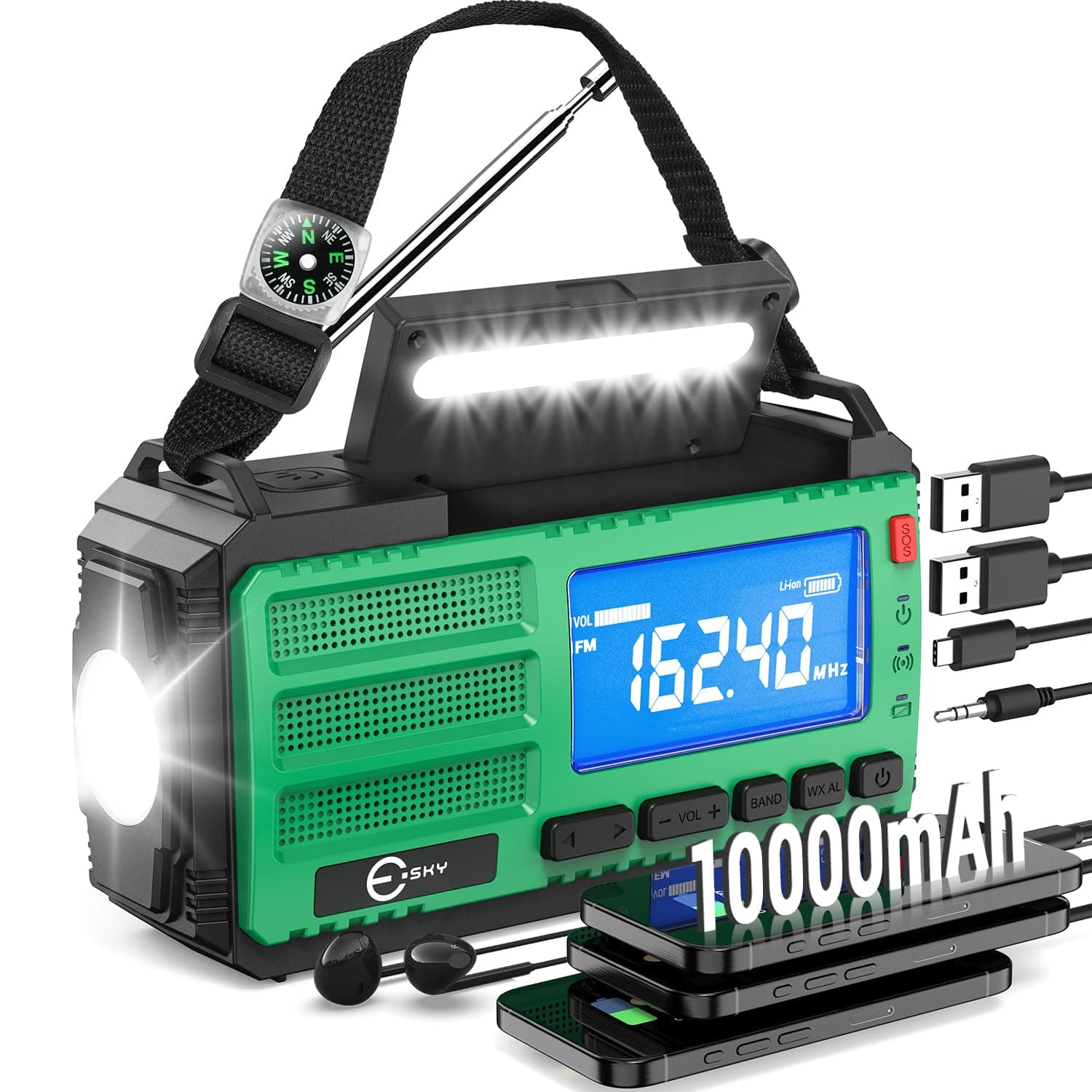 10000mAh Wind Up Radio, AM/FM Portable Rechargeable Emergency Radio, Flashlight, Reading Lamp, SOS Alarm & Compass, USB/Solar/Hand Crank Charging for Camping, Outdoor, Power Outage, as Gift