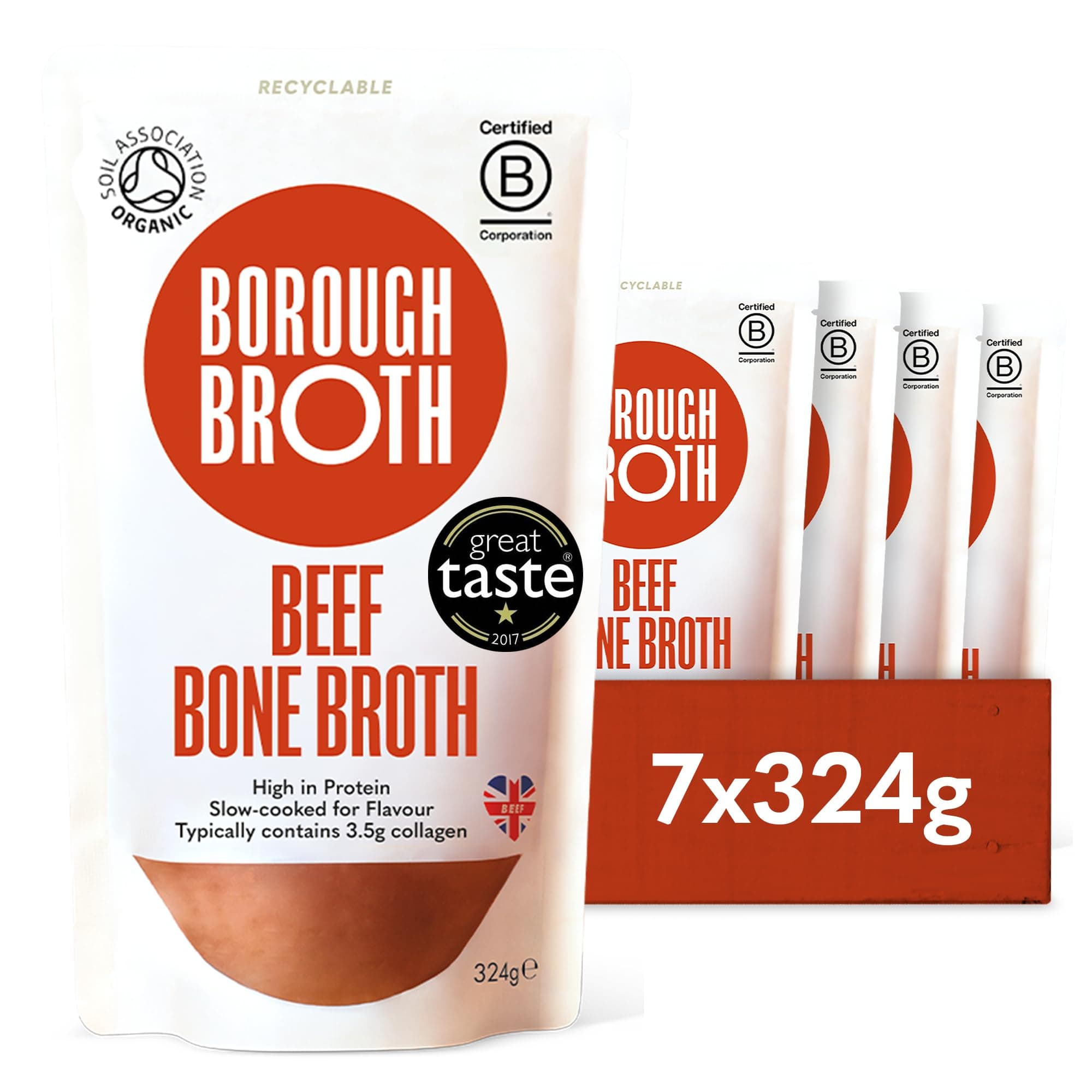 Organic Beef Bone Broth by Borough Broth - High in Collagen for Healthy Skin & Joints - High Protein & Low Calorie - Gluten Free - Grass Fed - Perfect for Gravy & Soups - Delivered Chilled - 7 x 324g