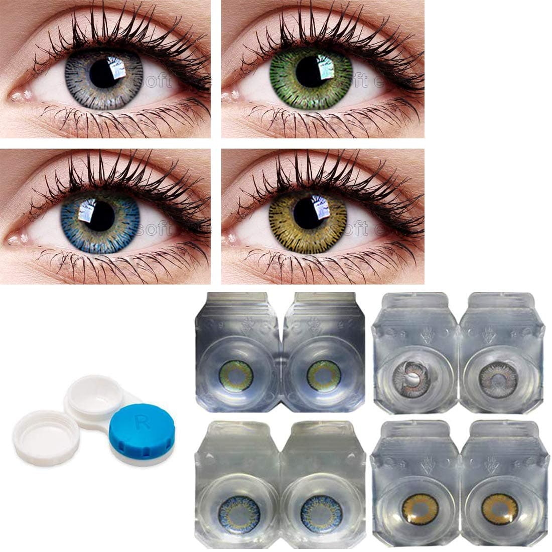 SOFT EYE Zero Power Lenses with Case & Solution (Combo Pack of 4 Pairs, Green, Grey, Blue & Hazel)