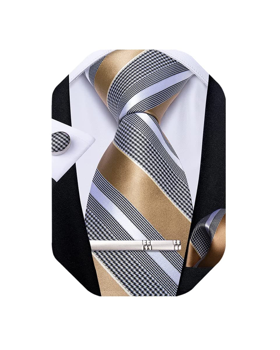 DiBanGu Mens Striped Tie Silk Woven Necktie and Pocket Square Cufflinks Tie Clip Set Wedding Business Formal Gift Tie for Men