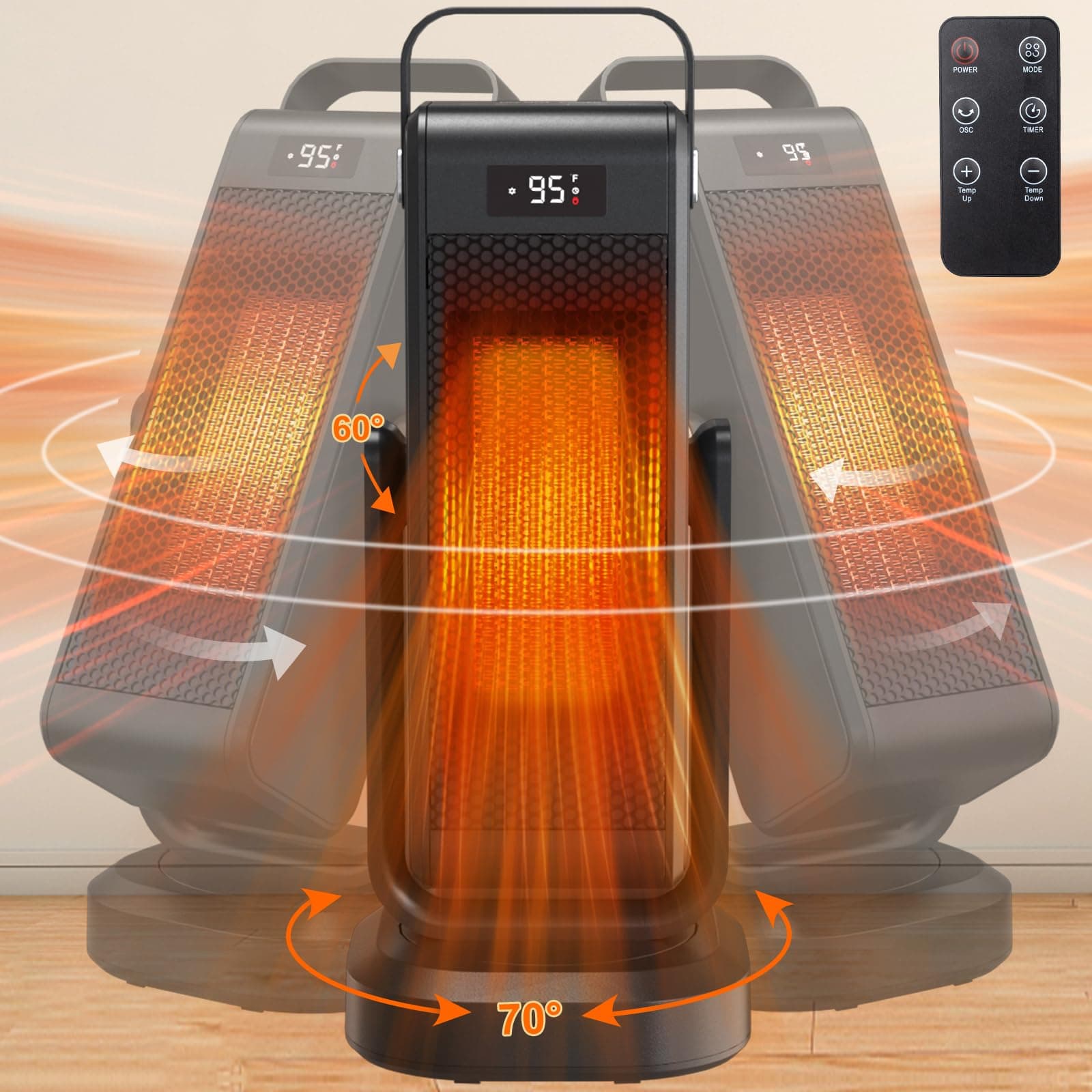 Space Heater for Indoor Use, Portable Heater 60° Up/Down Adjustment 70° Oscillat, 1500W PTC Electric Heater with Thermostat 12H Timer Remote Control, Over Heat& Tip-over Protection for Bedroom Office