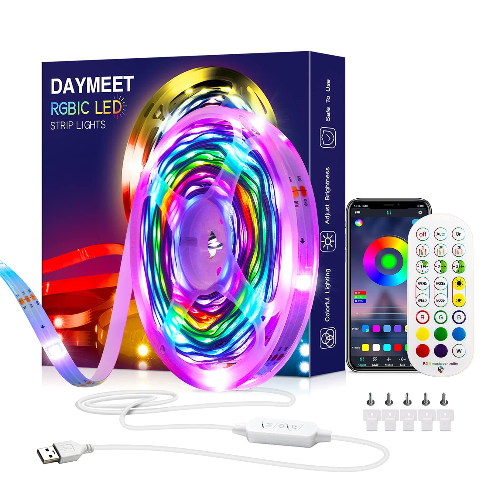 Daymeet Led Lights for Bedroom, 33ft Led Chasing Effect Dream ICRGB Light Strip, USB Smart Light Strips APP Control Music Sync Color Changing Led Strip Lights with Remote for Home christmas Decoration