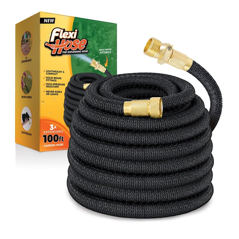 Flexi Hose 100 FT Lightweight Expandable Garden Hose | Ultimate No-Kink Flexibility - Extra Strength with 3/4 Inch Solid Brass Fittings & Double Latex Core | Rot, Crack, Leak Resistant