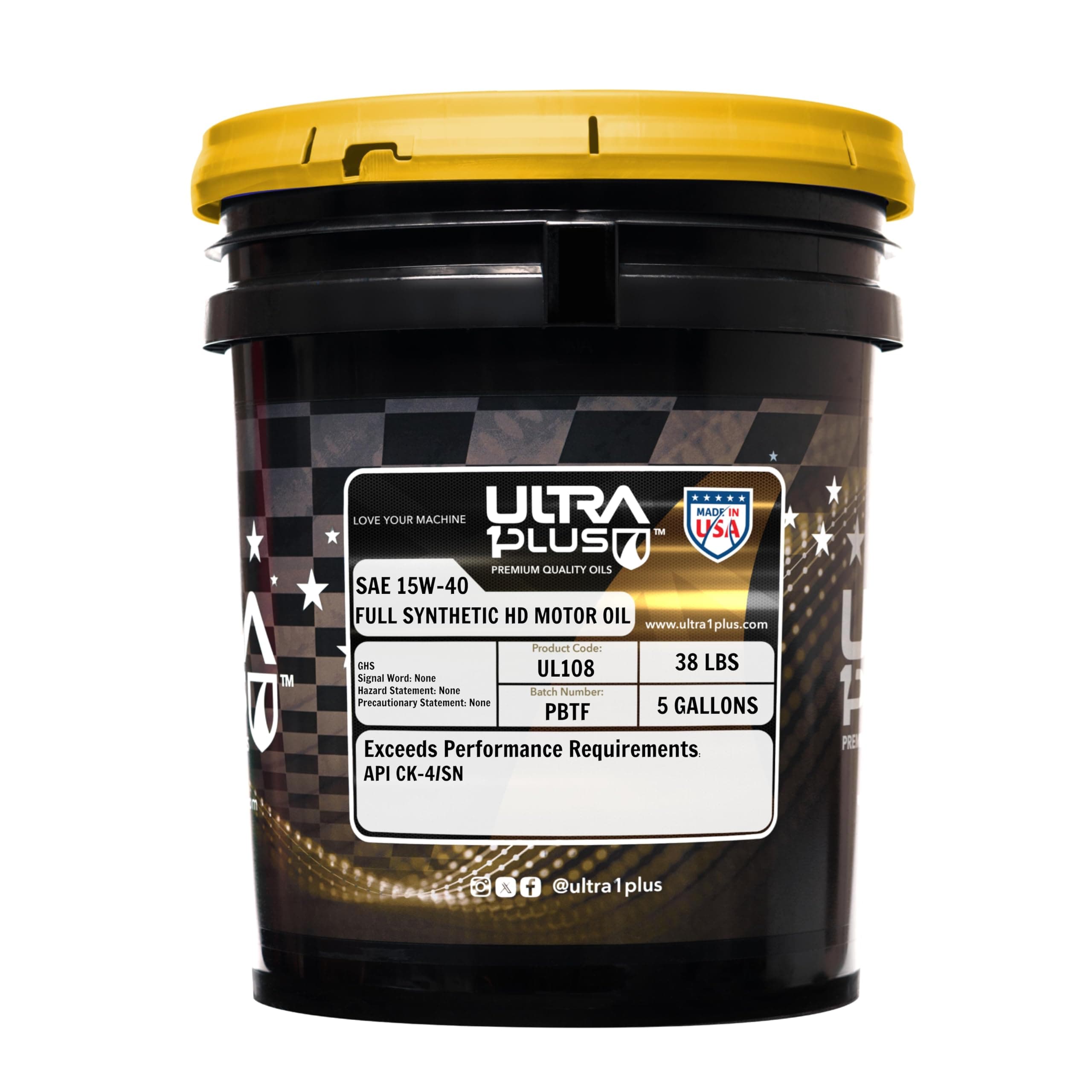 Ultra 1Plus SAE 15W-40 Full Synthetic Heavy-Duty Diesel Engine Oil - 15W 40 Motor Oil API CK-4/SN (5 Gallon Pail)
