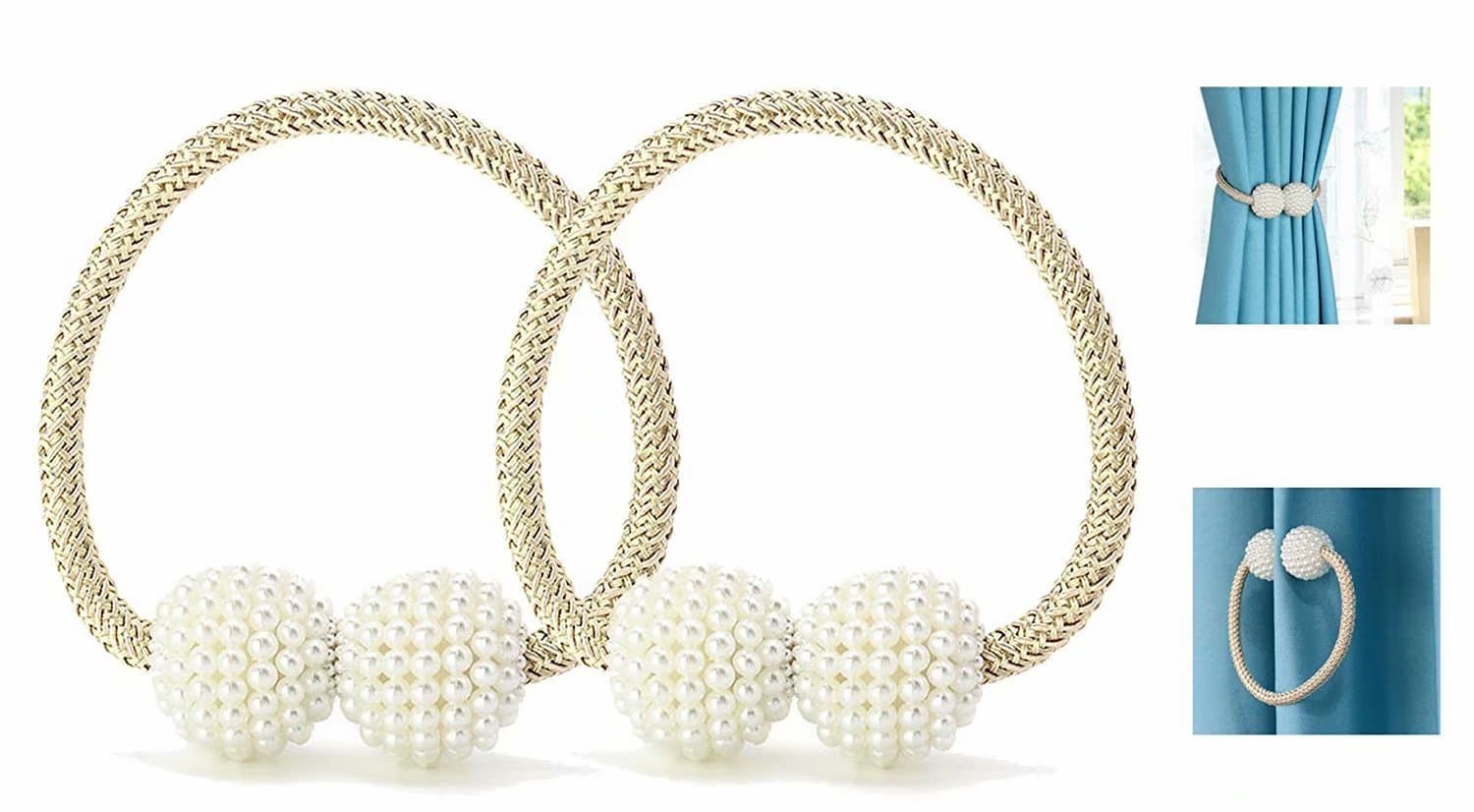 WINSHEA 2 Pcs Magnetic Curtain Tiebacks Curtain Clips Rope Holdbacks Curtain Holder Buckles (Beige)