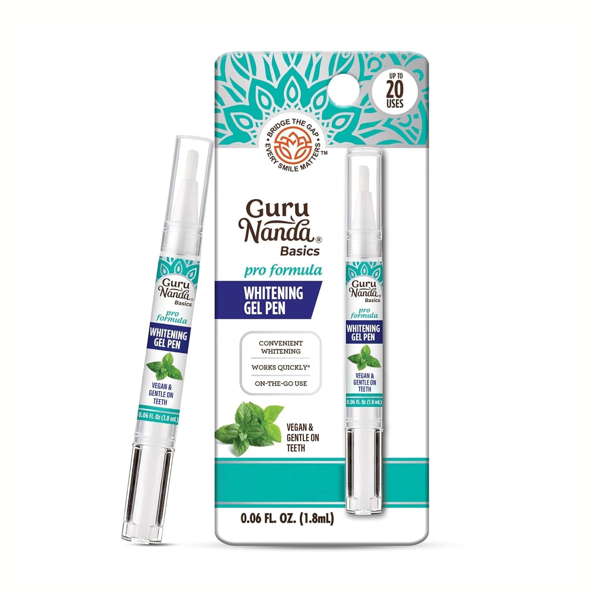 GuruNanda Teeth Whitening Pen,(0.06 fl oz)-20 Uses, Vegan & Gentle on Teeth Pro Formula - Hydrogen Peroxide Whitening Gel Pen, Cruelty-free, Mint Flavor