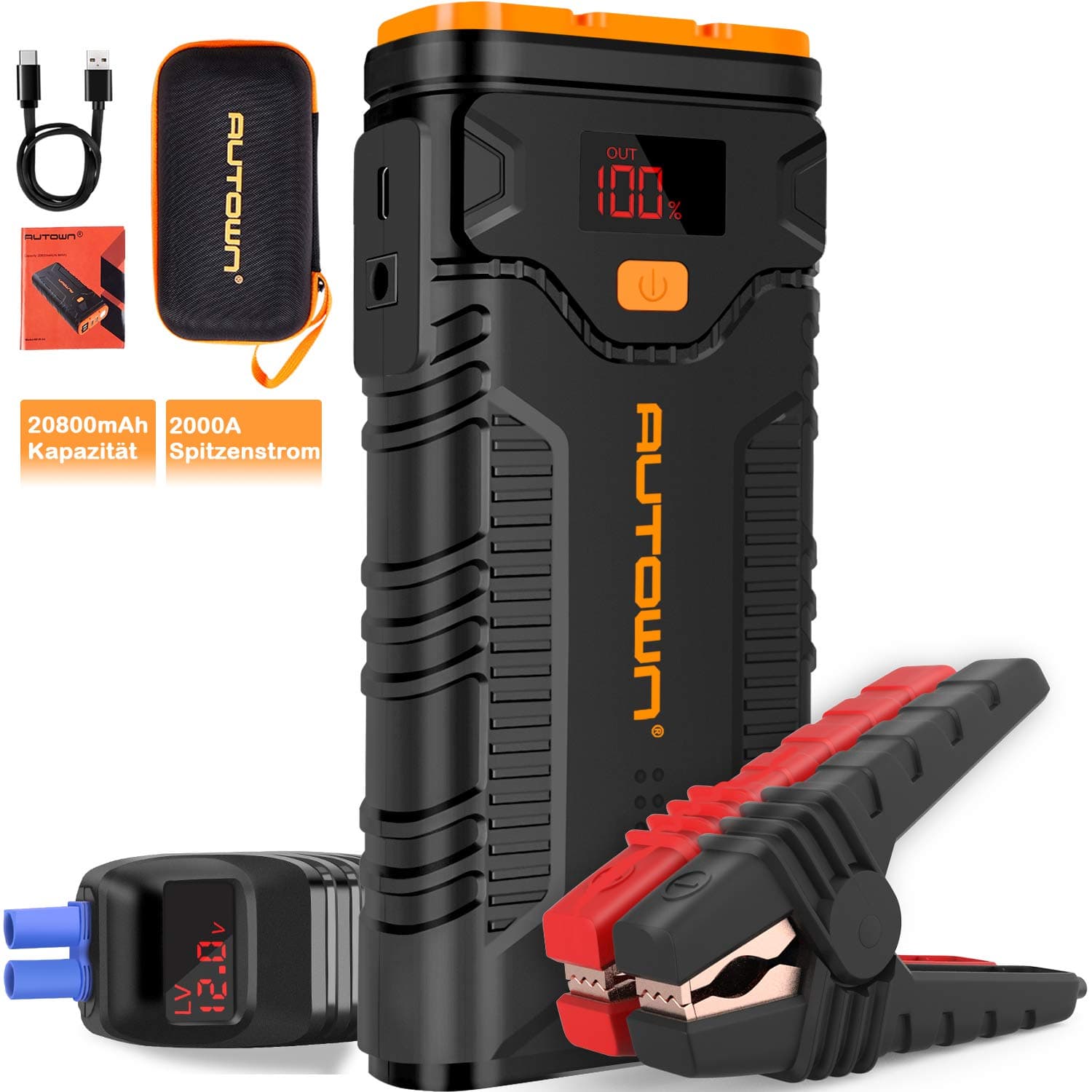 AUTOWN Jump Starter, 2000A Peak 20800mAh Car Jump Starter with Quick Charger, 12V Auto Battery Booster Portable Power Pack with LCD Screen and Type-C Cable