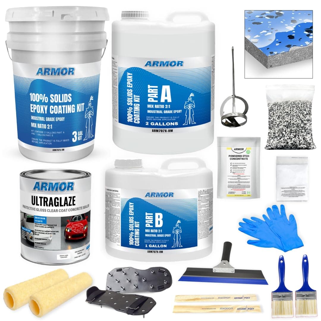 Garage Epoxy Floor Kit – 100% Solids - 2 Part Industrial-Grade Coating w/UltraGlaze Topcoat | DIY Slip & Hot Tire Resistant | 600 Sq Ft - Racing Blue - 17 pc kit