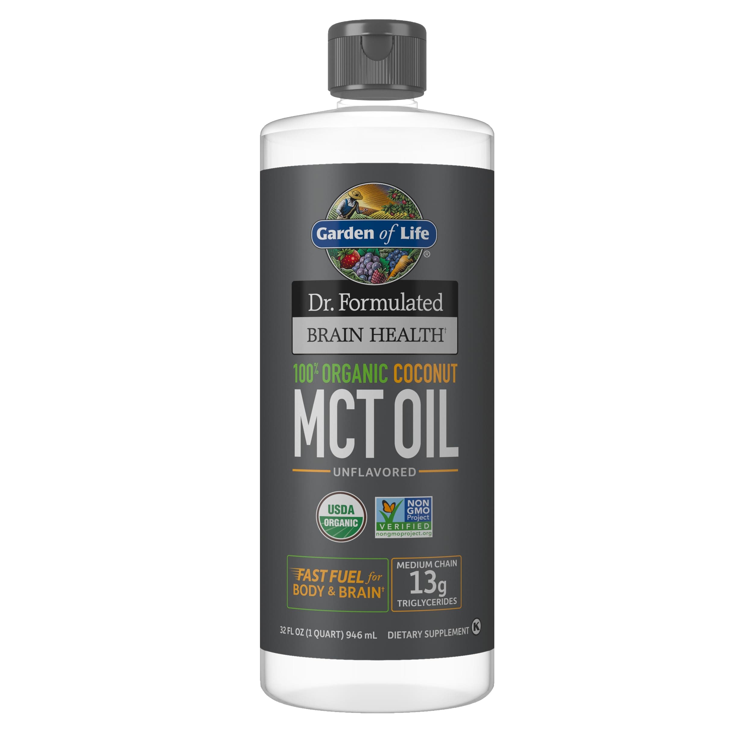 Dr. Formulated Brain Health 100% Organic Coconut MCT Oil 32 fl oz Unflavored, 13g MCTs, Body & Brain Fuel, Certified Non-GMO Vegan & Gluten Free, Hexane-Free