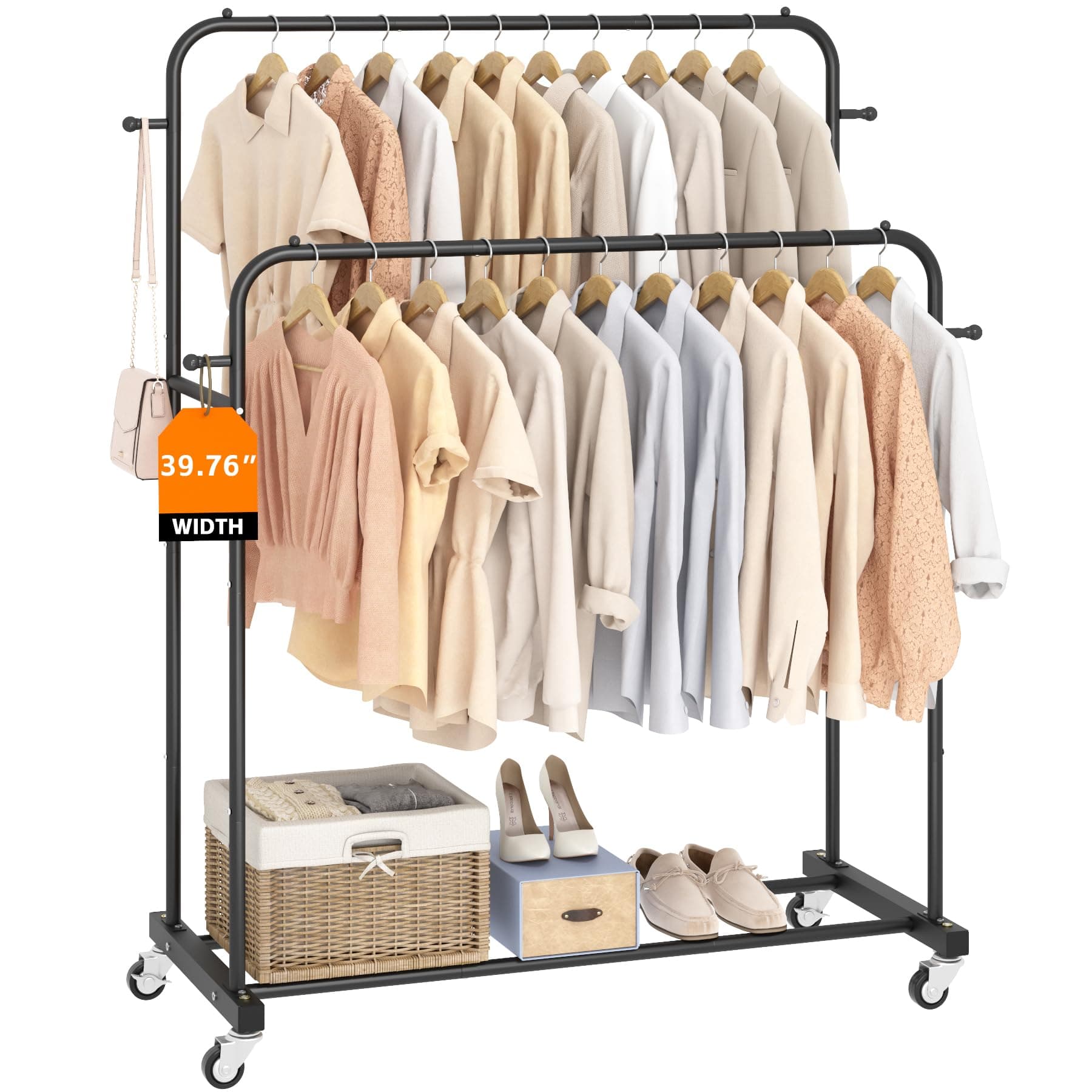Laiensia Double Rods Garment Rack with Wheels, Clothing Rack for Hanging Clothes,4 Hooks, Multi-functional Bedroom Clothes Rack, Black