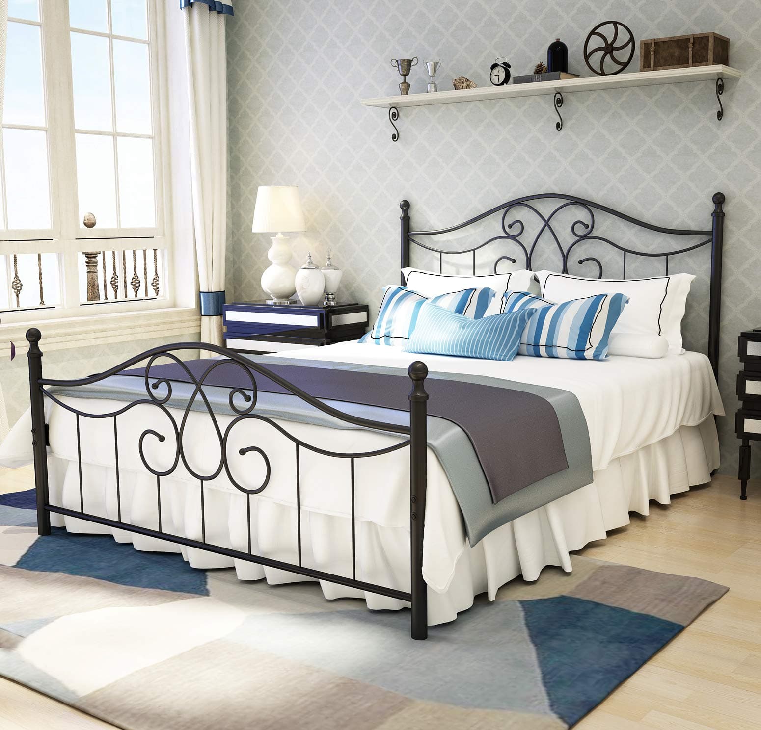 Metal Bed Frame Queen Size with Vintage Headboard and Footboard Platform Wrought Iron Base/No Box Spring Needed/Under Bed Storage(Black,Queen)