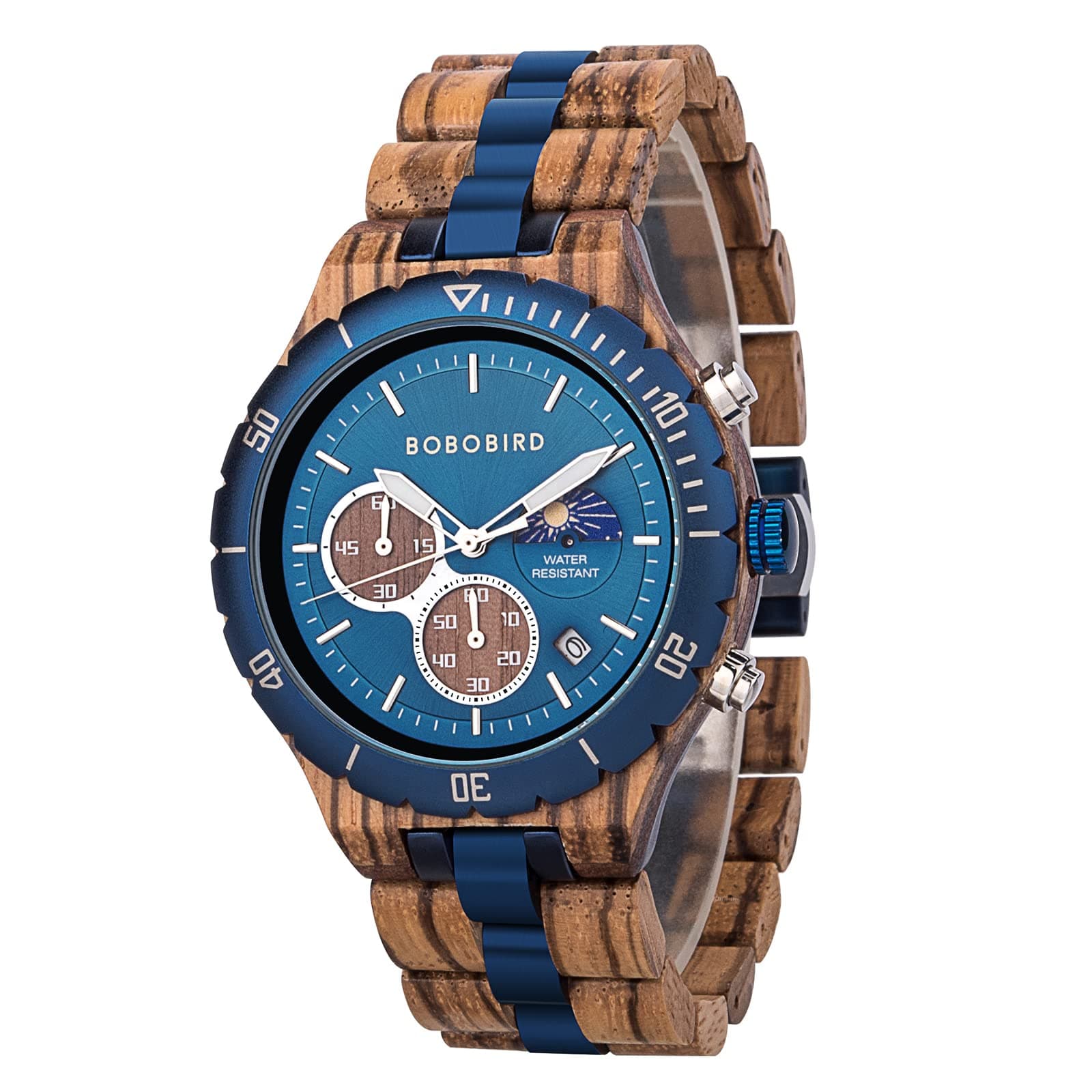 BOBO BIRD Mens Quartz Wooden Watch Stainless Steel Red Sandalwood Alloy Wooden Watch Men Classic Function Wrist Watch Chronograph Luminous Hands Day and Night Date Display, Blue, Classic