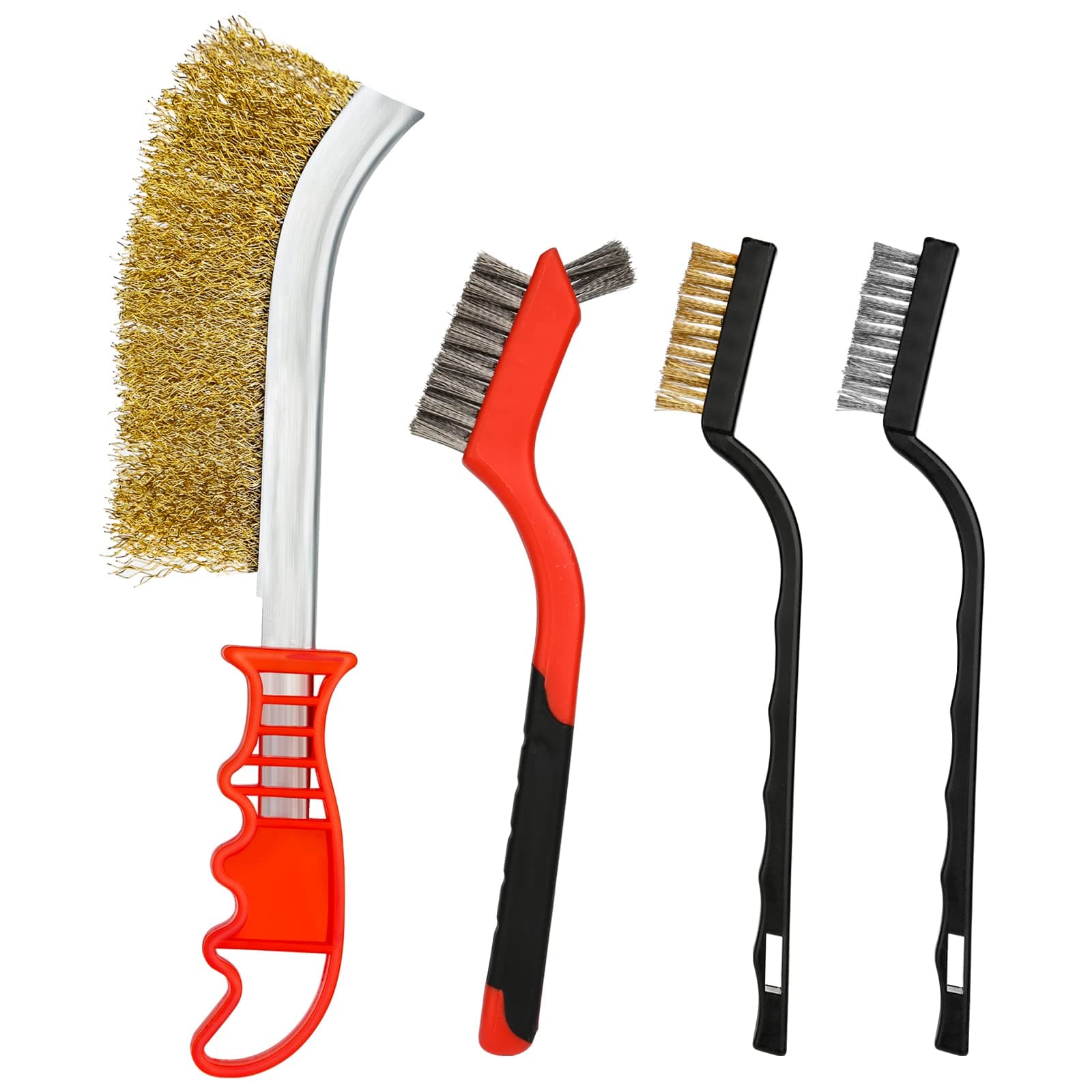 Wire Brush Set, 4 Pack Brass Stainless Steel Metal Rust Remover Brushes, Metal Brush with Curved Handle Grip for Cleaning Rust, BBQ Grill Cleaning Brush, Kitchen Cleaning