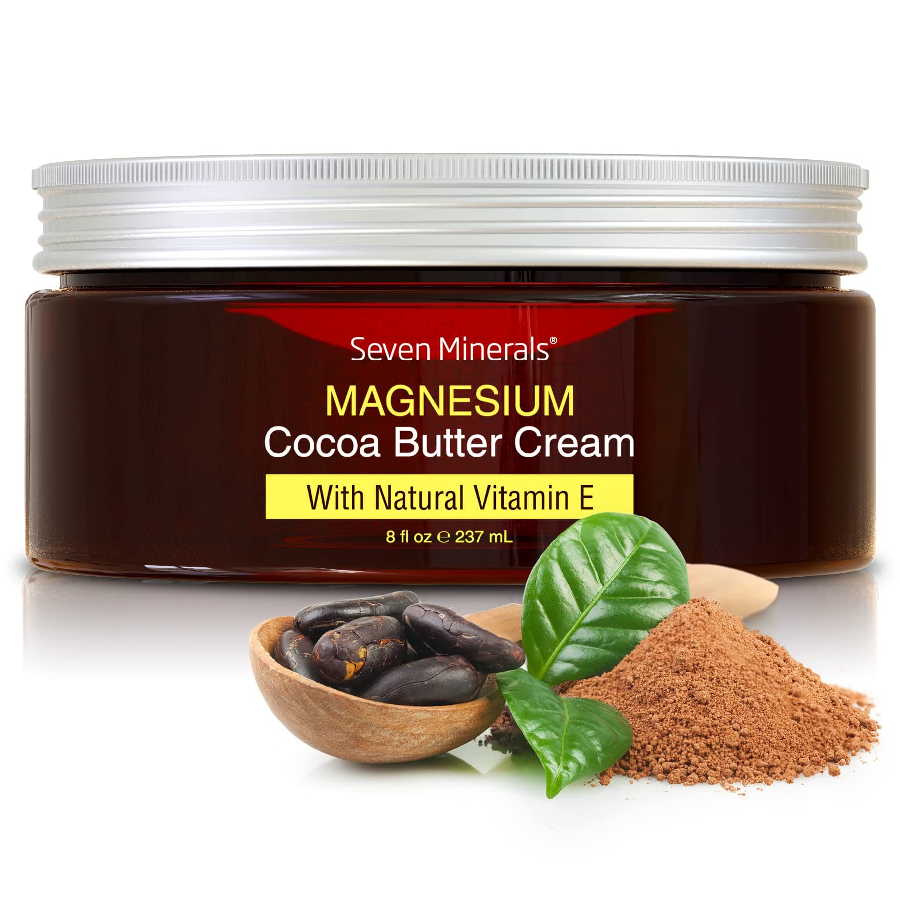 Seven Minerals NEW Magnesium Cream for Pain Calm, Leg Cramps, Sleep & Muscle Soreness. With Moisturizing Organic Cocoa Butter and Vitamin E. Our All Natural USA Made Creme is Safe for Kids.