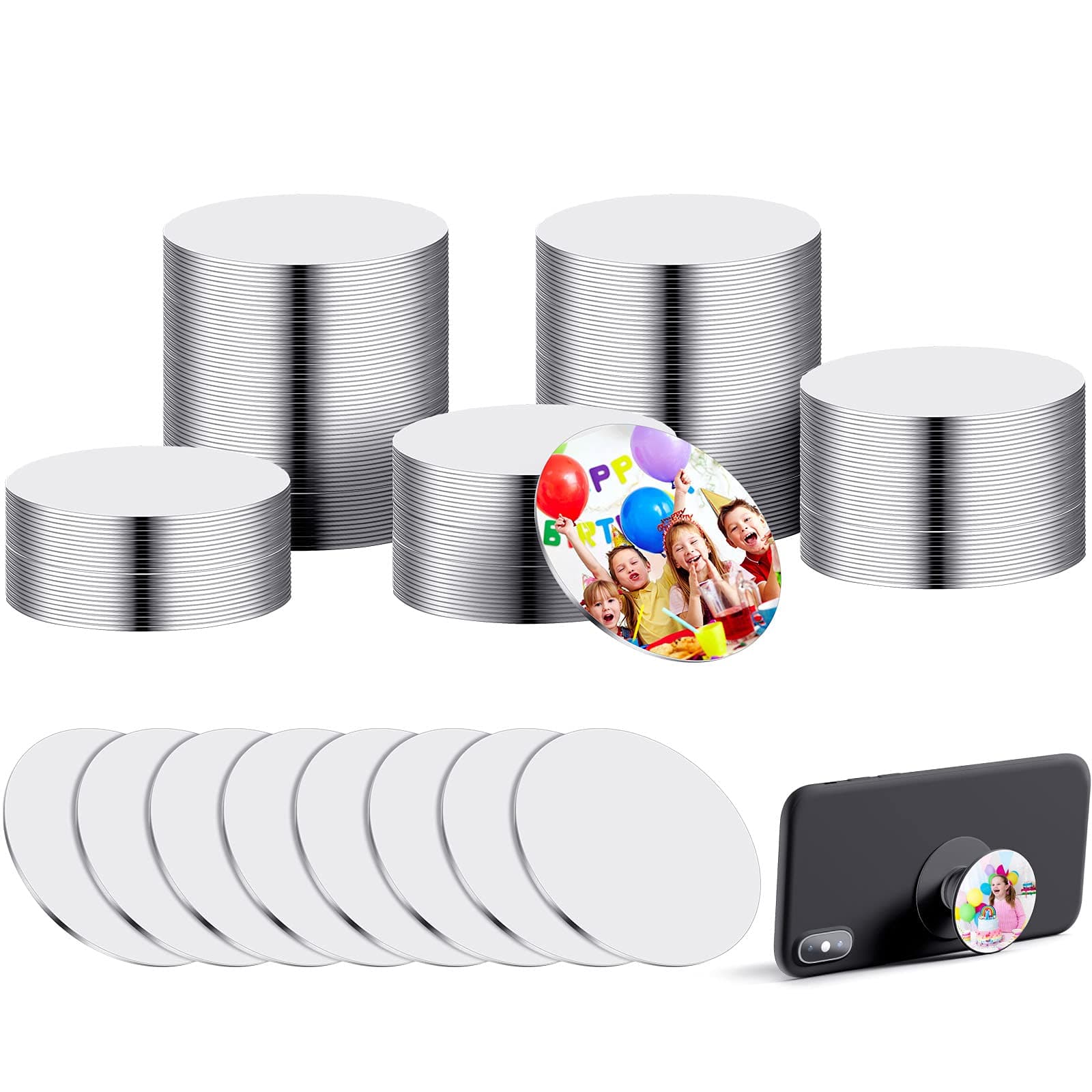 Hotop 50 Pcs 1.5 Inch Sublimation Blank Aluminum Stickers for Collapsible Phone Holders, Round Sublimation Aluminum Sheets Double Sided Tapes for Custom Personalized Photo Jewelry Making DIY