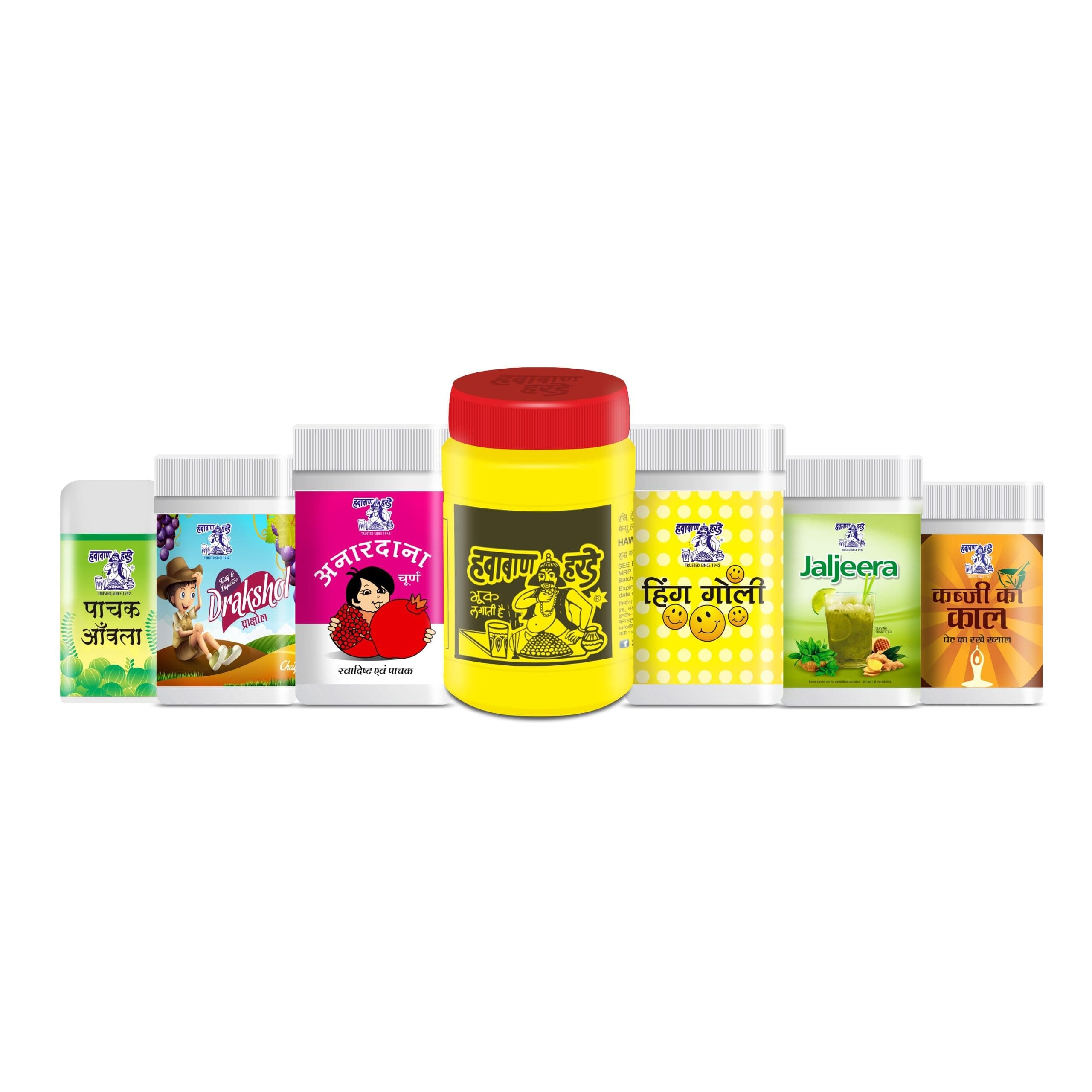 - Hawaban Harde, Hing Goli, Anardana Churna, Pachak Amla, Drakshol, Jaljeera Strong, Kabji ka kaal (Combo Pack of 7)