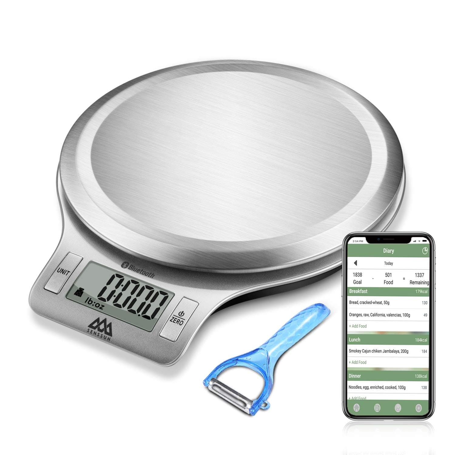 Senssun Nourish Digital Kitchen Food Scale with Vegetable Peeler - Smart Nutrition Scale with App, Tracking Calories Intake, Bluetooth(Silver)