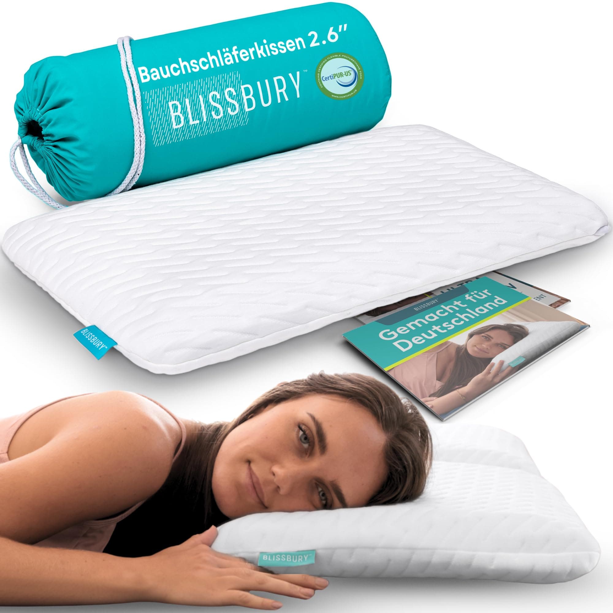 BLISSBURY Thin 2.6" Stomach Sleeping Memory Foam Pillow. Slim, Flat, Cooling Sleep for Belly or Back with Soft Bamboo Washable Cover, Neck and Head Support for Men and Women Bedding Accessories