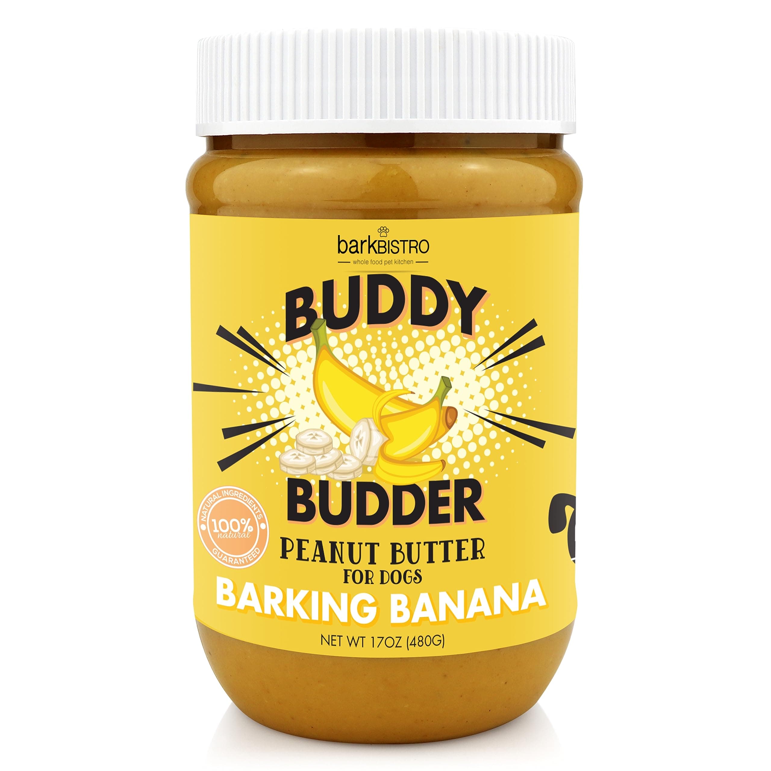 BUDDY BUDDER Barkin' Banana, 100% Natural Dog Peanut Butter, Dog Treat, Made in USA (17oz Jars)