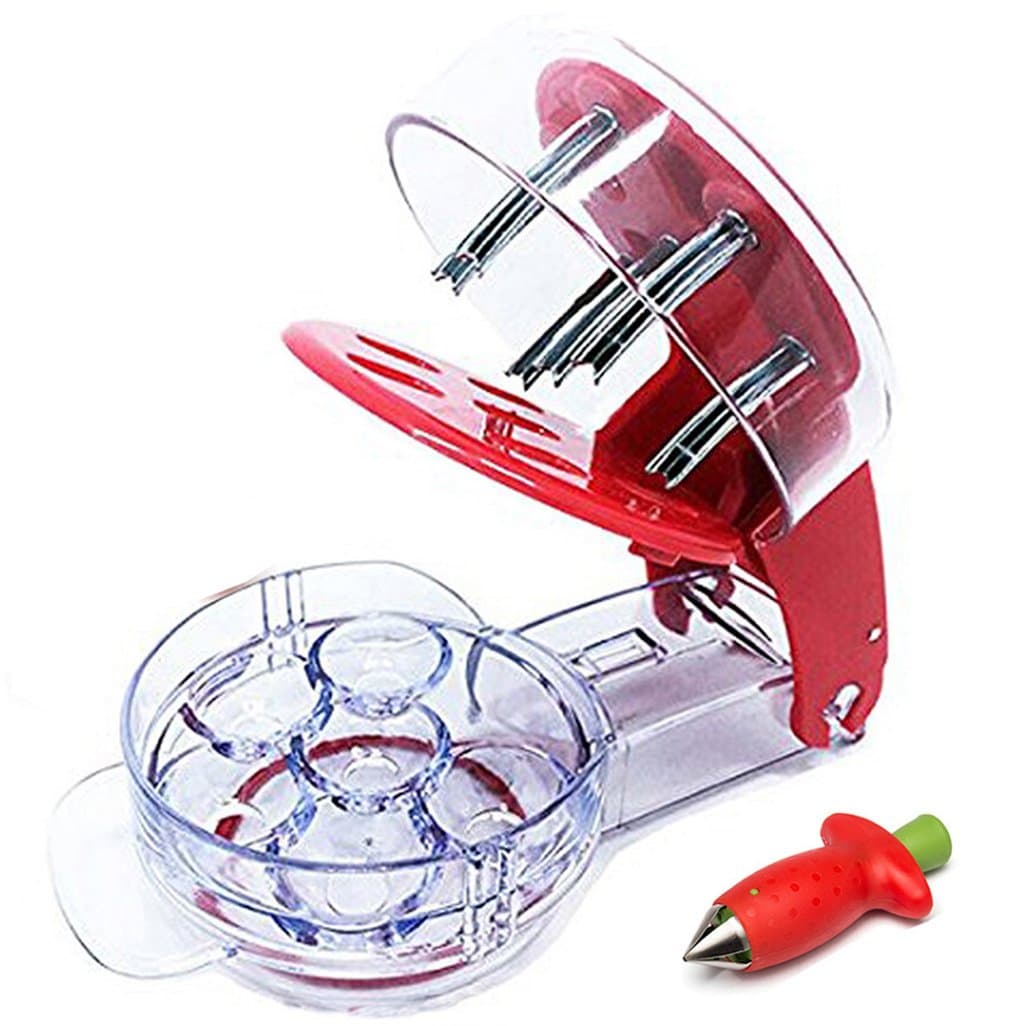 Multi Cherry Pitter Machine Mason Jar for 6 Cherries Plums Olives Claw Strawberry Huller Stainless Steel Plasitc Fruit Top Stem Core Pit Remover Kitchen Corer Food Aid Gadget Tool Red
