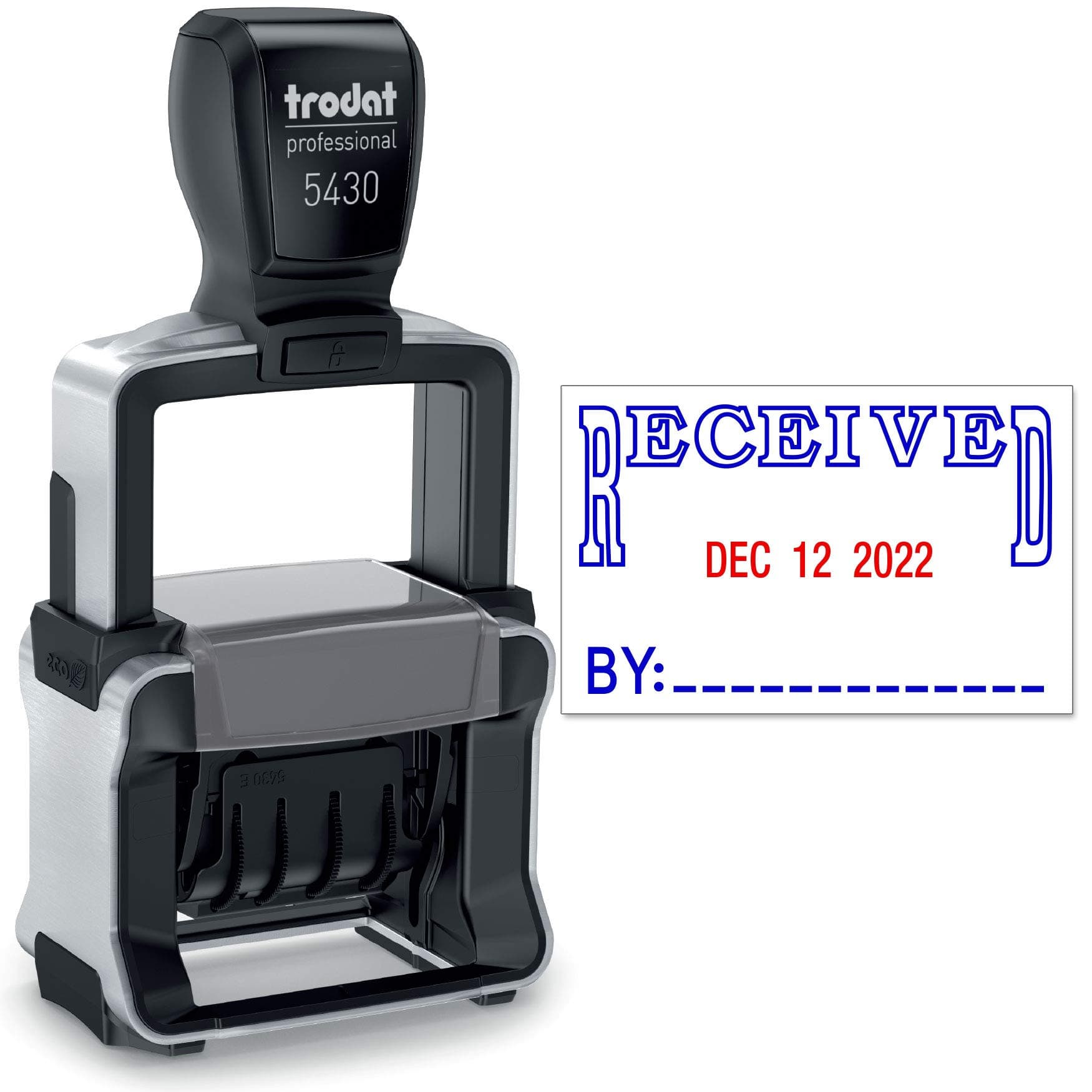 Trodat 5430 Professional Self-Inking Date Stamp with Received - Blue/Red 2 Color Ink