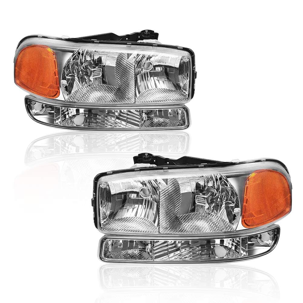 GOHATI Headlight Assembly and Park/Signal Headlamp Replacement For 99-06 GMC Sierra 1500 2500 3500/2000-2006 GMC Yukon with Chromed Housing Amber Reflector Clear Lens GGMSR99-A4